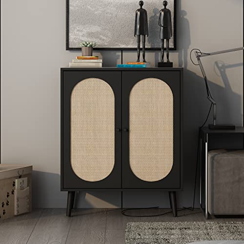 Rattan 2-Door Buffet Sideboard Cabinet with Adjustable Shelves - Free Standing Console Table for Entryway, Kitchen & Dining Room - Black | Perfect for Storage & Home Decor