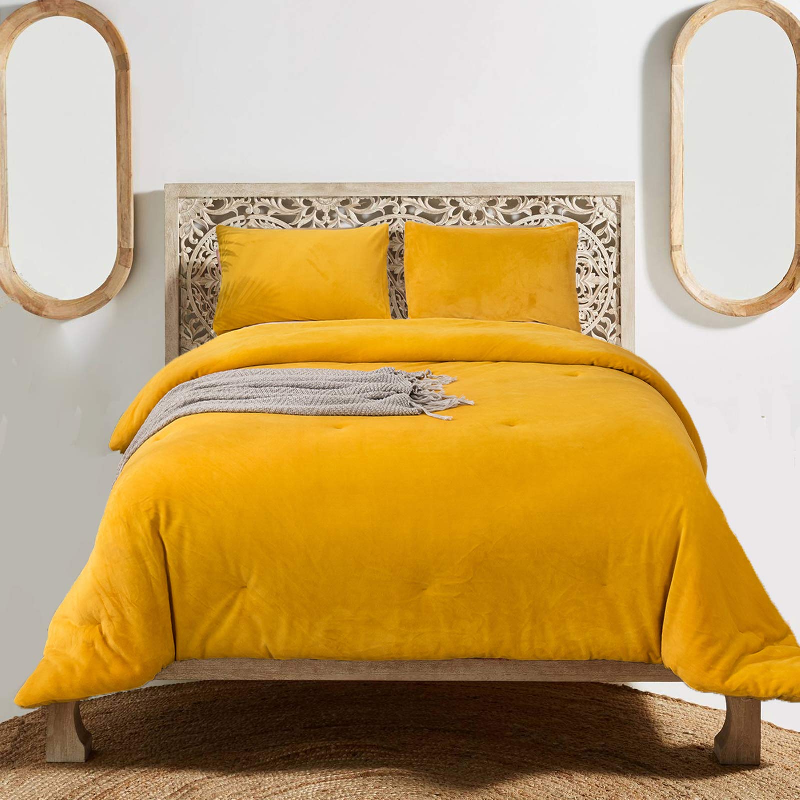 Luxlovery Mustard Velvet King Size Comforter Set - Dark Yellow Fluffy Heavyweight Winter Bedding for Adults & Teens | Ultra Soft Plush Flannel Warm Duvet Cover for Cozy Bedroom Decor