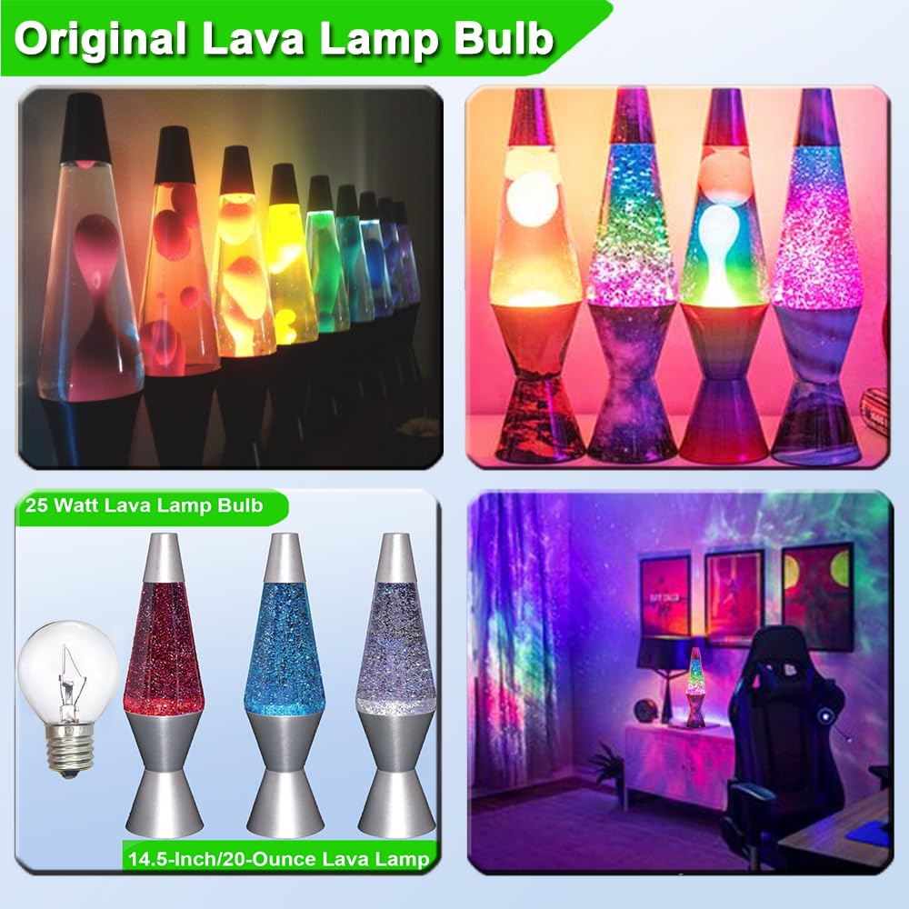 Original Lava Lamp Bulb 25 Watt 6 Pack - S11 E17 Base Replacement Bulbs for 14.5 Inch / 20-Ounce Lava Lamps & Glitter Lamps - 120V Dimmable 2700K Warm White Light Bulbs - Perfect for Home Decor, Mood Lighting & Relaxation Spaces