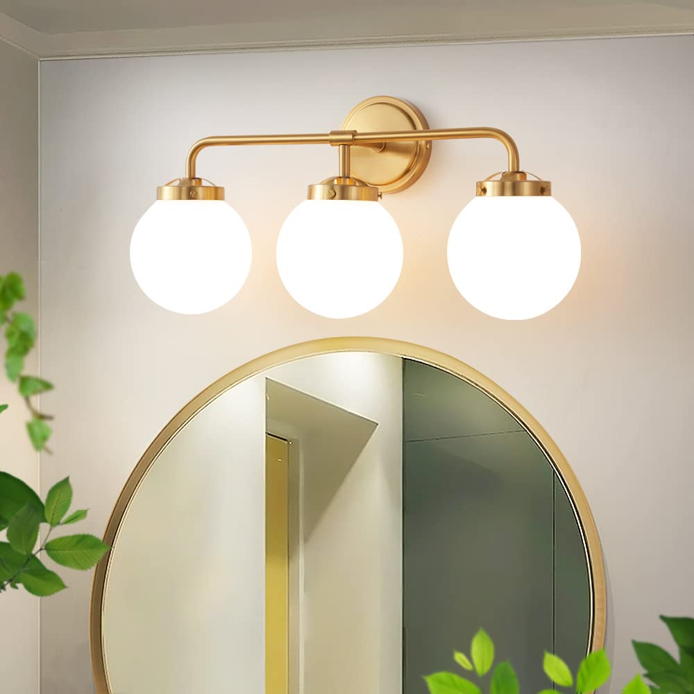 Modern Brass 3-Light Bathroom Vanity Sconce with Milky Glass Shades - Gold Farmhouse Wall Lighting for Mirror - Perfect for Mid-Century Bathrooms, Powder Rooms & Vintage Home Decor