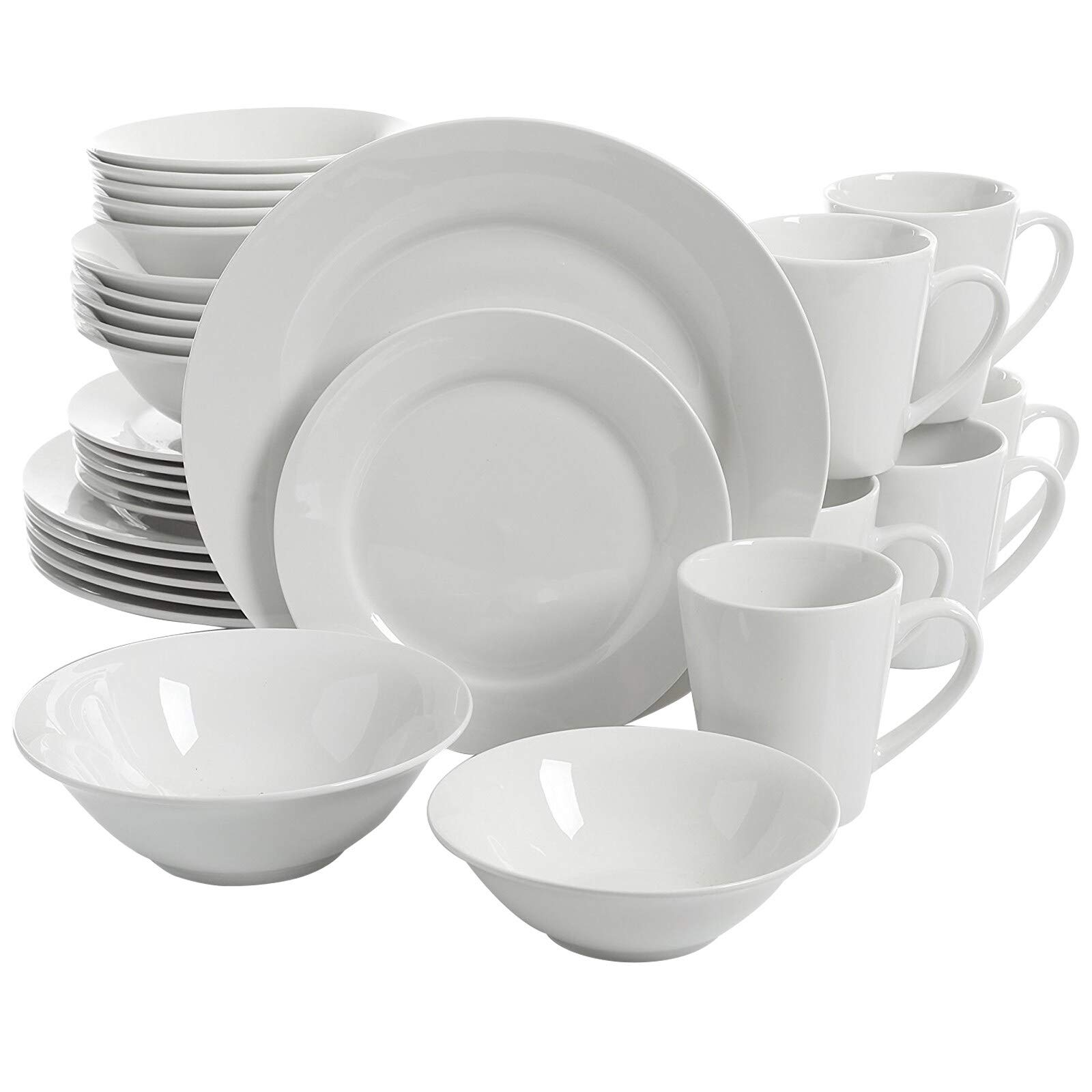 30-Piece White Ceramic Dinnerware Set - Modern & Contemporary Round Plates, Bowls, Mugs - Microwave & Dishwasher Safe - Perfect for Family Dinners, Parties & Everyday Use