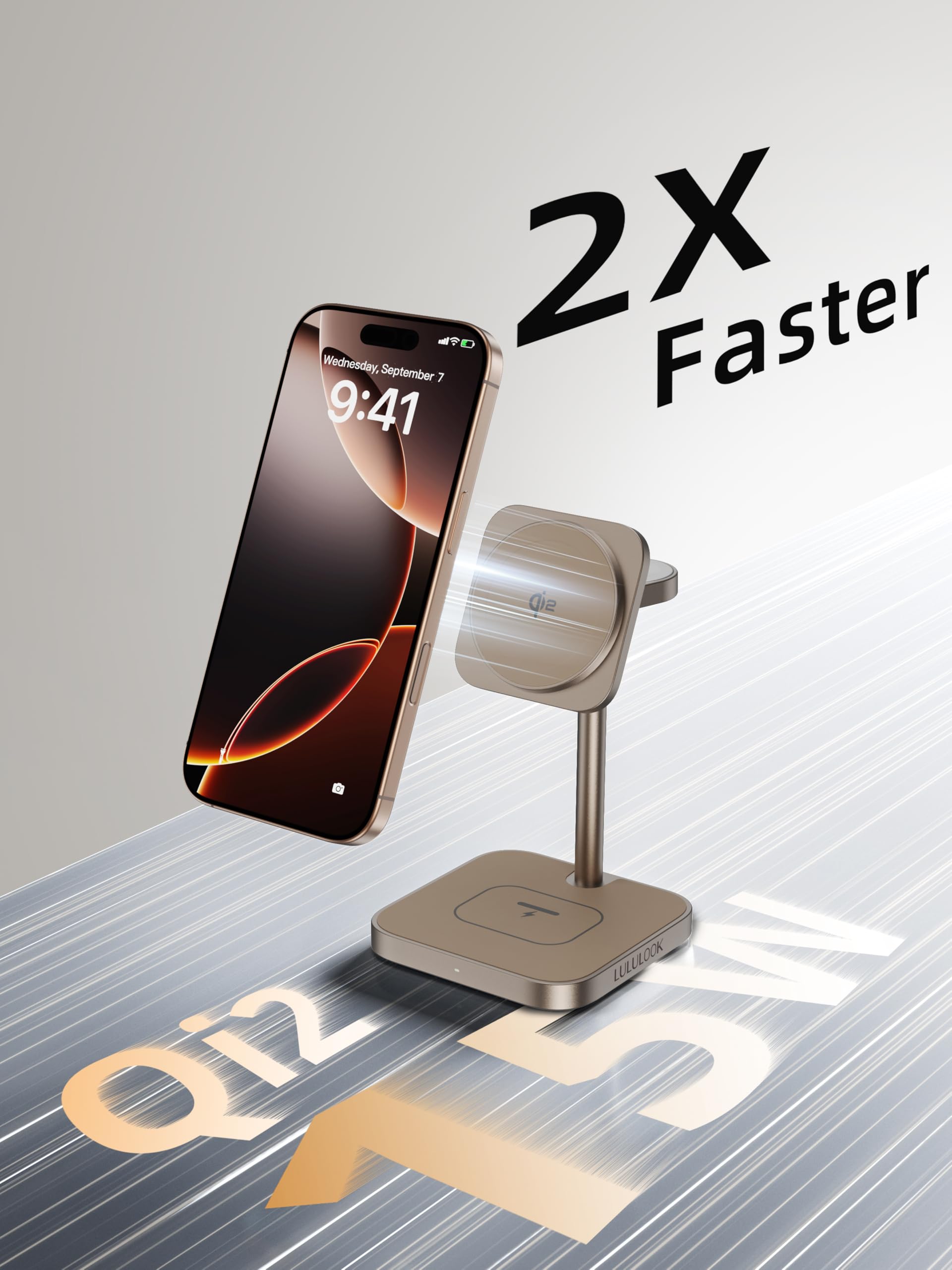 LULULOOK Qi2 Certified 3-in-1 Wireless Charging Station | 15W Fast MagSafe Charger for iPhone 15/14/13 | Compatible with Apple Watch & AirPods | Aluminum Stand with 30W USB-C Adapter (Desert Gold) | Perfect for Home, Office & Nightstand Charging