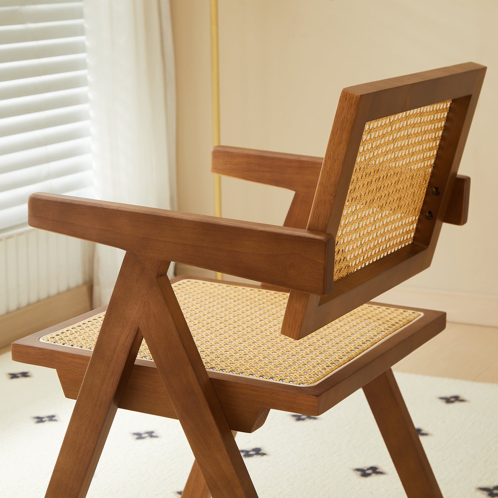 Solid Wood Dining Chairs with Armrests - Natural Rubber Wood & Rattan Woven Design for Kitchen, Dining Room, or Outdoor Patio