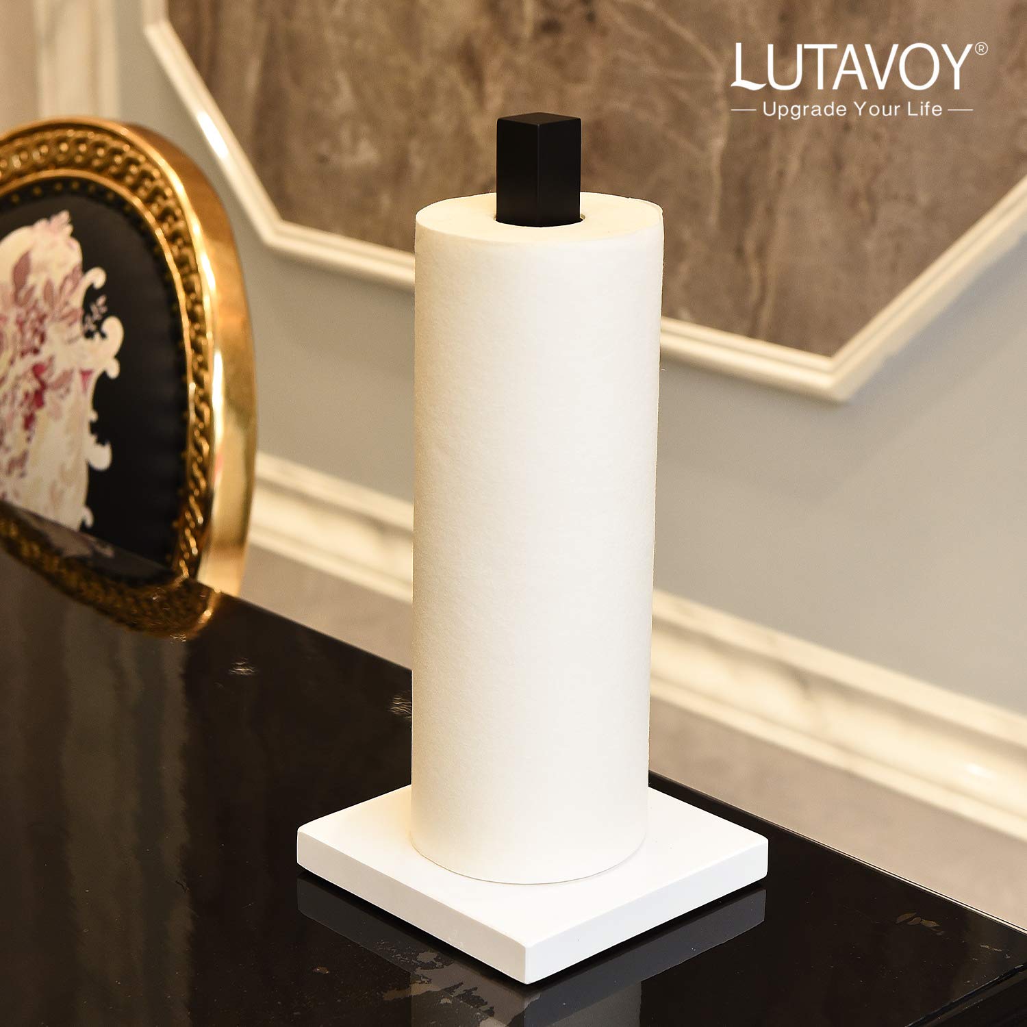 Stainless Steel Paper Towel Holder with Marble Base - Standing Kitchen & Bathroom Countertop Organizer (Matt Black/White) - Perfect for Home, Office, Restaurant Use
