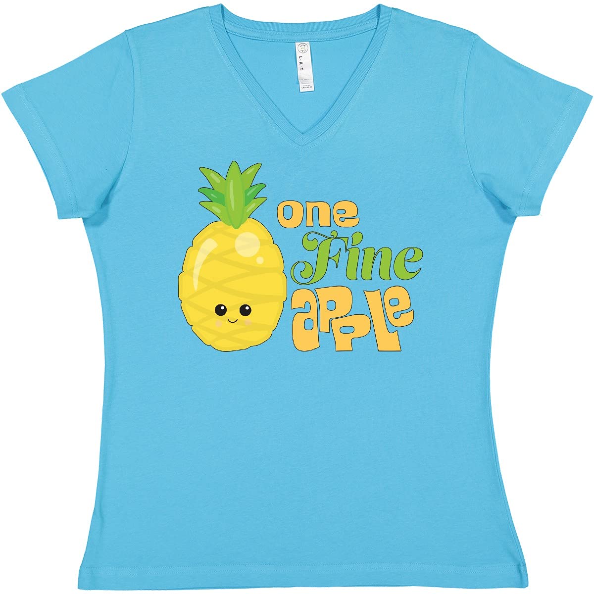 Inktastic Women's V-Neck T-Shirt with Cute Pineapple & Apple Print - Soft Cotton Tee for Casual Wear, Summer Outfits & Beach Vacation
