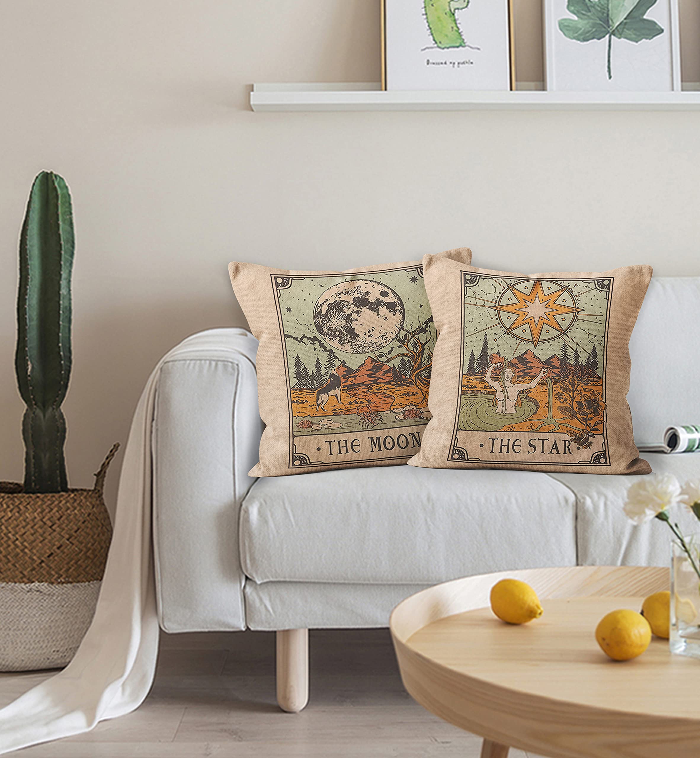 Tarot Card Pillow Covers Set - 2 Pack 18x18 Inch Witchy Astrology Decorative Throw Pillow Covers with Constellation Design - Perfect for Tarot Gifts, Witch Decor & Bohemian Home Decor (MoonStar)
