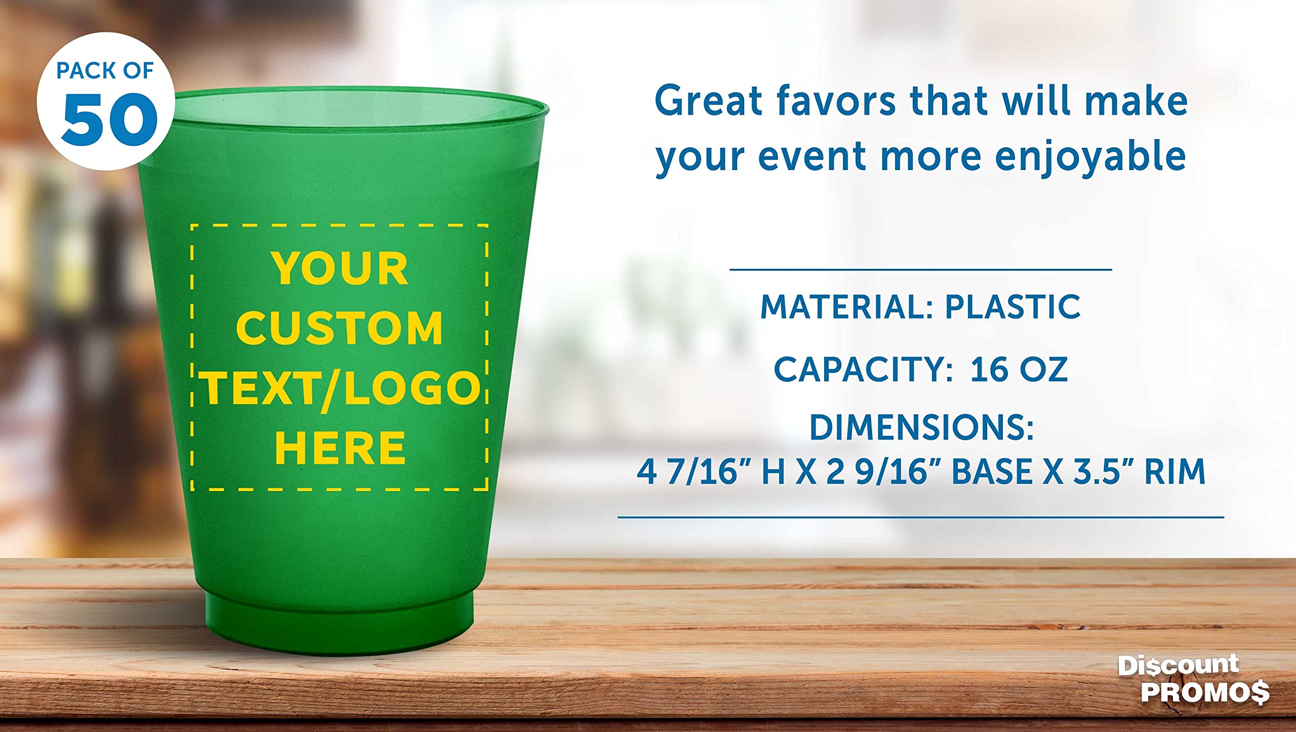 Custom Printed 16 oz Frosted Plastic Stadium Cups - 50 Pack, Shatterproof & Reusable with Promotional Text/Logo - Perfect for Parties, Tailgating, and Outdoor Events (Green)