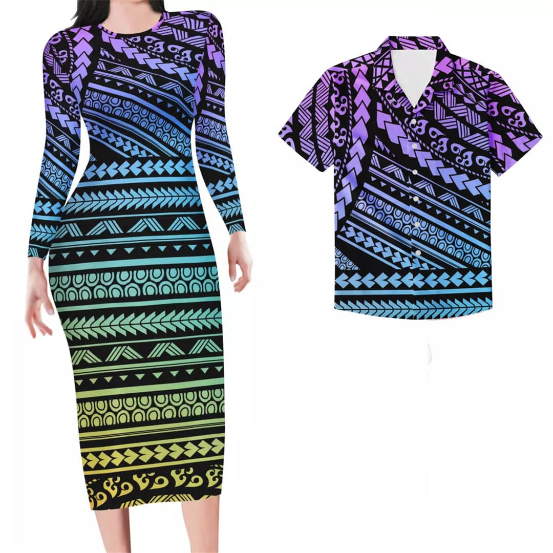 Stylish Gradient Polynesian Striped Print Green Dresses for Women | Plus Size Summer Beach Outfits | Trendy Couple Matching Vacation Wear