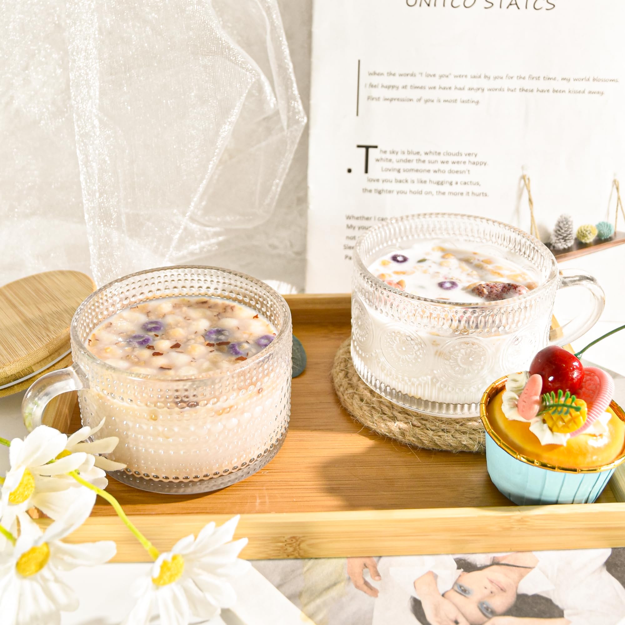 14oz Vintage Glass Mugs Set of 6 with Bamboo Lids & Spoons - Reusable Overnight Oats Containers for Coffee, Latte, Cereal, Yogurt - Perfect for Home, Office, Camping & Gifts (6 Mixed Patterns with Sealing Ring)