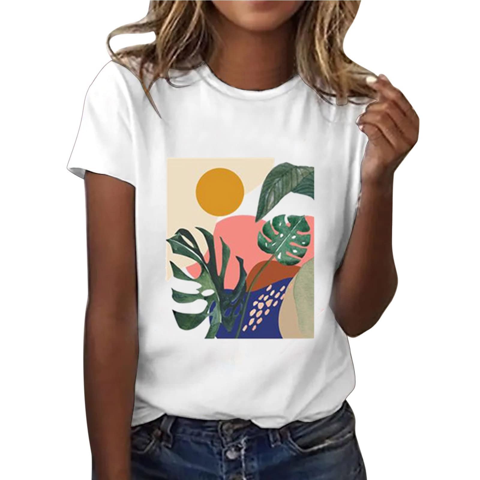 Women's Summer Casual Short Sleeve T-Shirt - Round Neck Printed Loose Blouse Top & Tunic Tee | Perfect for Beach Outings, Weekend Wear & Vacation Essentials