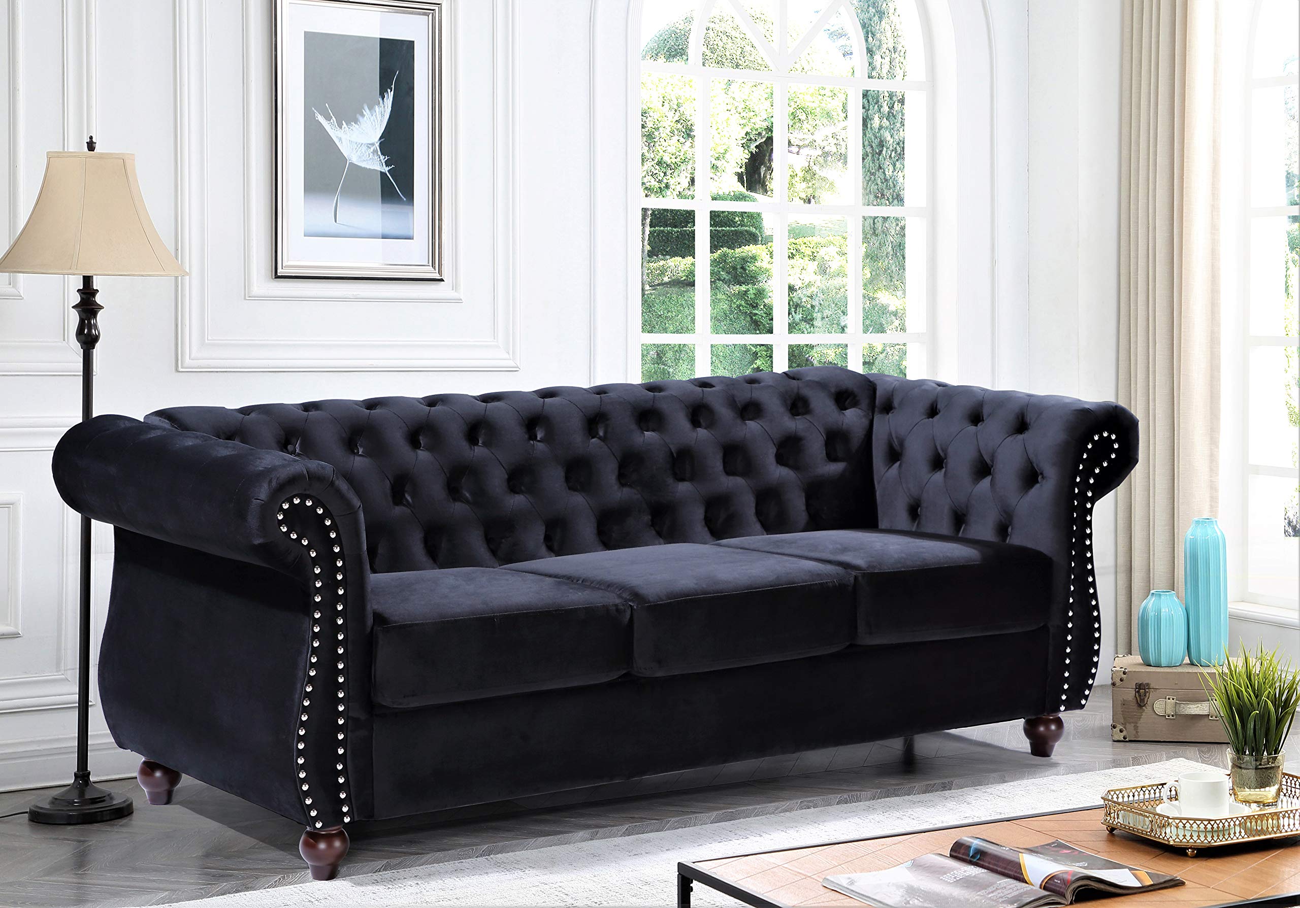 Modern Velvet Chesterfield Sofa with Nailhead Trim & Diamond Tufting - Durable Metal Frame Living Room Couch in Black - Perfect for Home Office, Lounge & Formal Sitting Areas