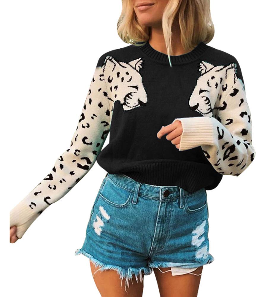 Remelon Women's Casual Knitted Leopard Print Long Sleeve Crop Top Sweater - Cozy Pullover for Fall Fashion, Streetwear & Date Night Outfits