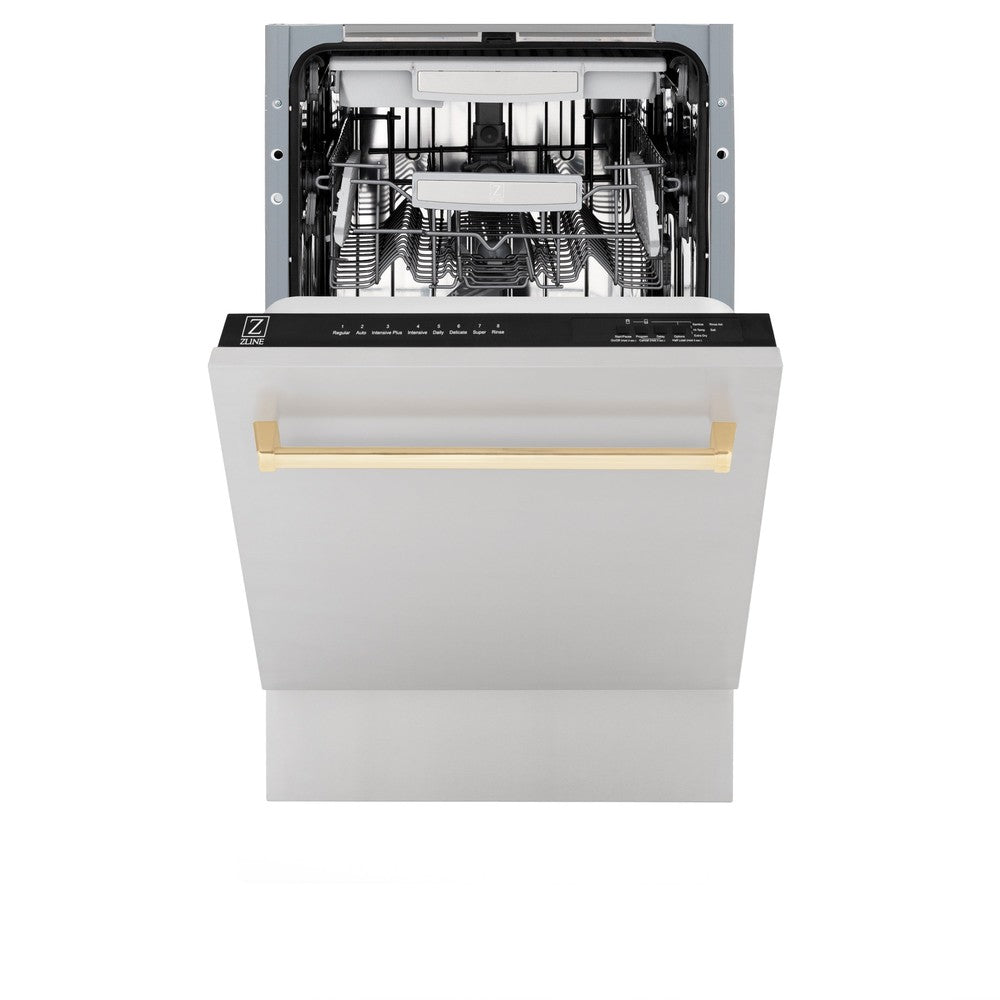 ZLINE Autograph Edition 18-inch Compact 3rd Rack Top Control Dishwasher in Stainless Steel with Polished Gold Handle - 51dBa Ultra Quiet (DWVZ 304 18 G) | Perfect for Small Kitchens, Apartments & RVs