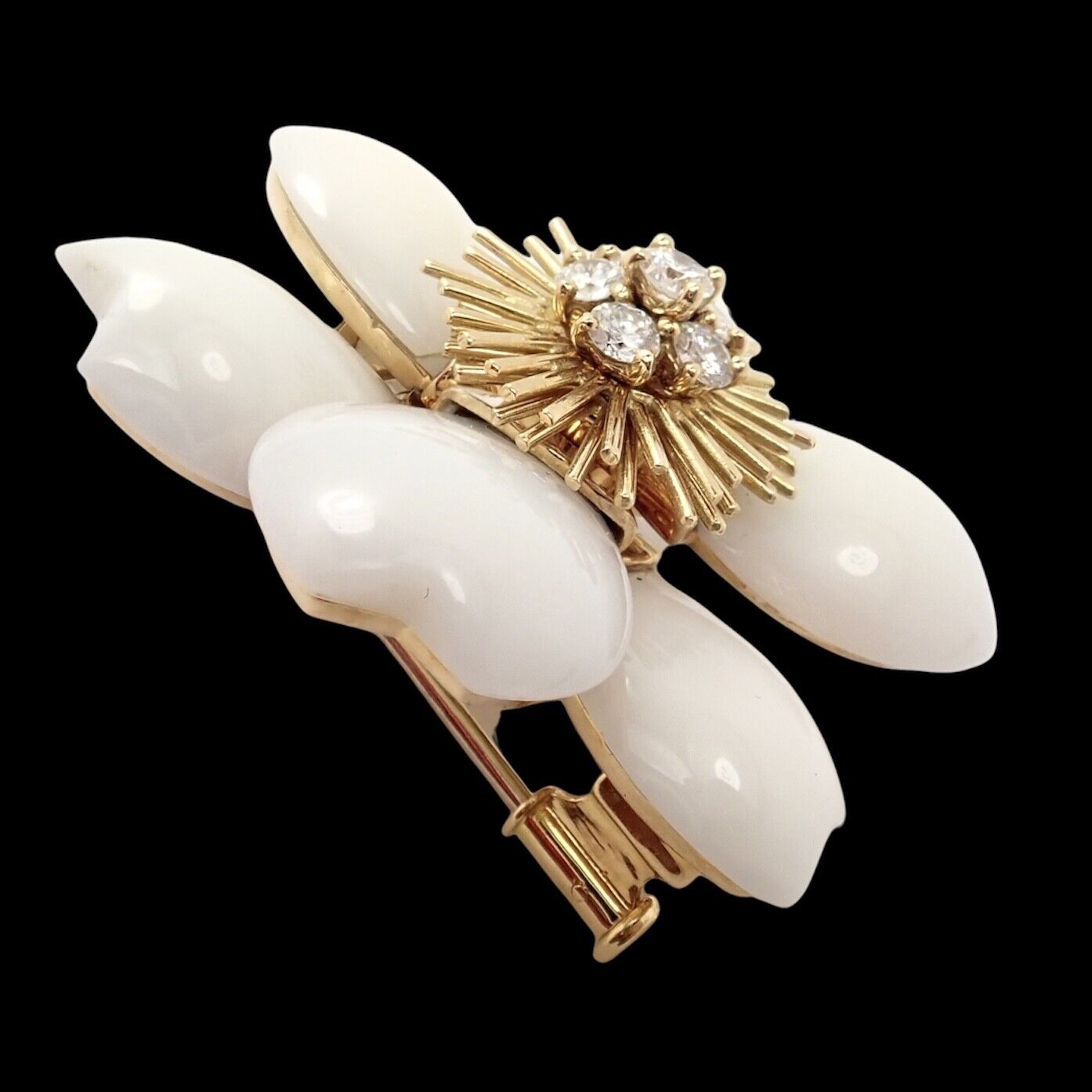 Van Cleef & Arpels Rose de Noel Diamond & White Coral Flower Yellow Gold Brooch - Luxury Jewelry Gift for Women, Perfect for Weddings & Special Occasions