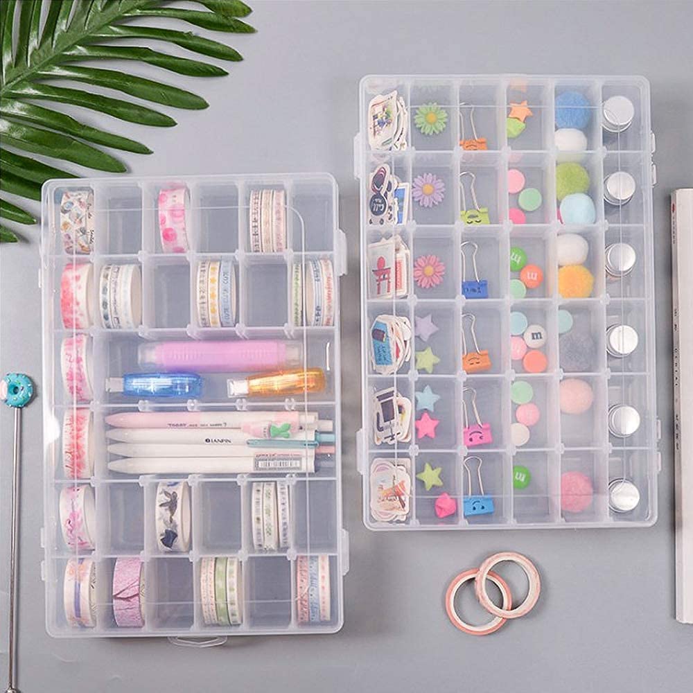 Yinpecly 36 Grids Clear Plastic Storage Box with Double Buckles - PS Fixed Dividers Organizer for Electronic Components, Jewelry Beads, Earrings, Fishing Hooks & Small Accessories - Perfect for Craft Rooms, Workbenches & Tackle Box Organization (1 Pack)