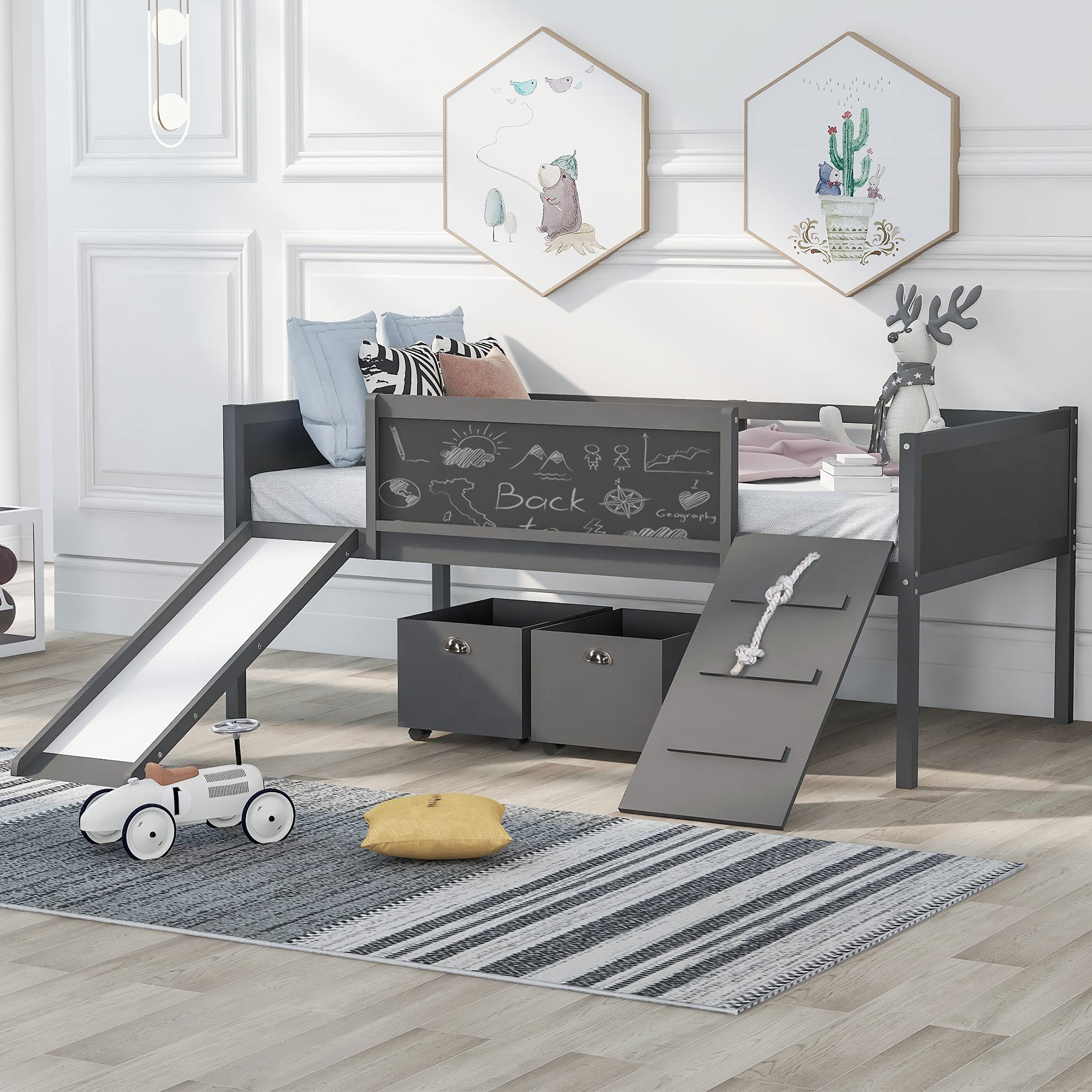 Low Loft Bed with Slide & Storage - Twin Size Wooden Loft Bed Frame with Climbing Ladder, Chalkboard & Storage Boxes - Space-Saving Kids Bedroom Furniture for Boys, Girls & Teens (Grey) - Perfect for Small Rooms, Play Areas & Dorm Rooms