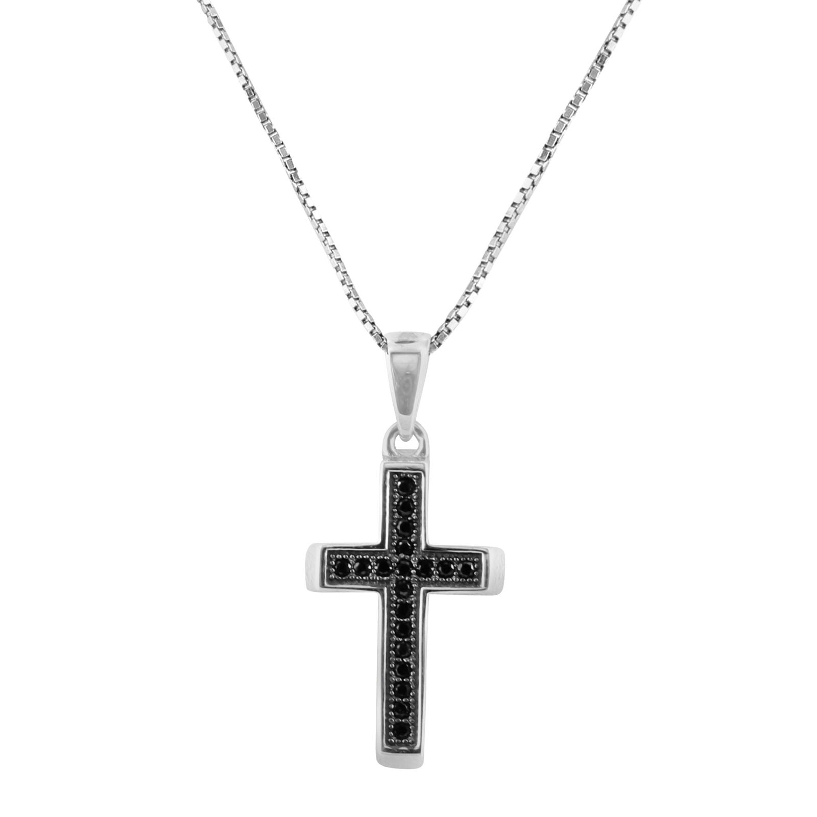 14K White Gold Plated Cross Pendant with Onyx & Lab Diamond - 925 Sterling Silver Chain Included - Perfect for Gifts, Baptism, Confirmation & Everyday Jewelry