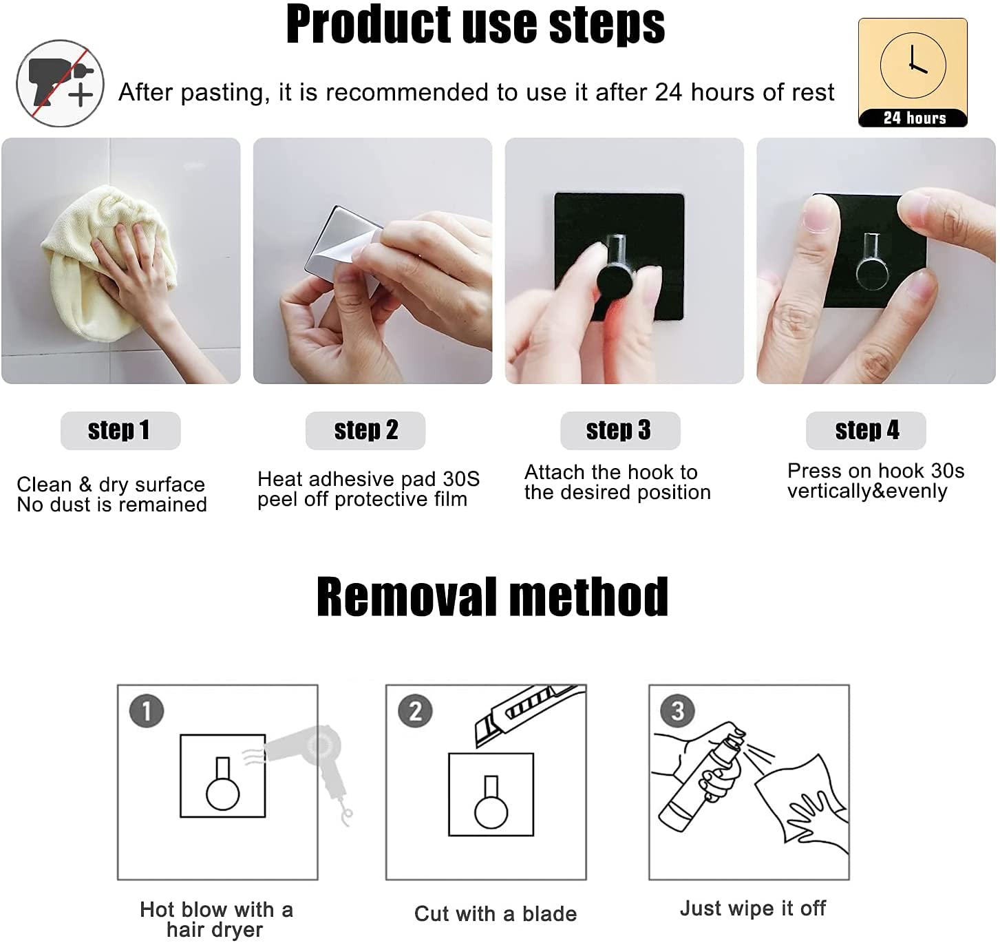 6 Pack Black Self Adhesive Wall Hooks - No Drill Stainless Steel Hangers for Robe, Towel & Coat - Strong Adhesive Bathroom, Bedroom, Office & Kitchen Organizers (Perfect for Small Spaces & Rental Homes)