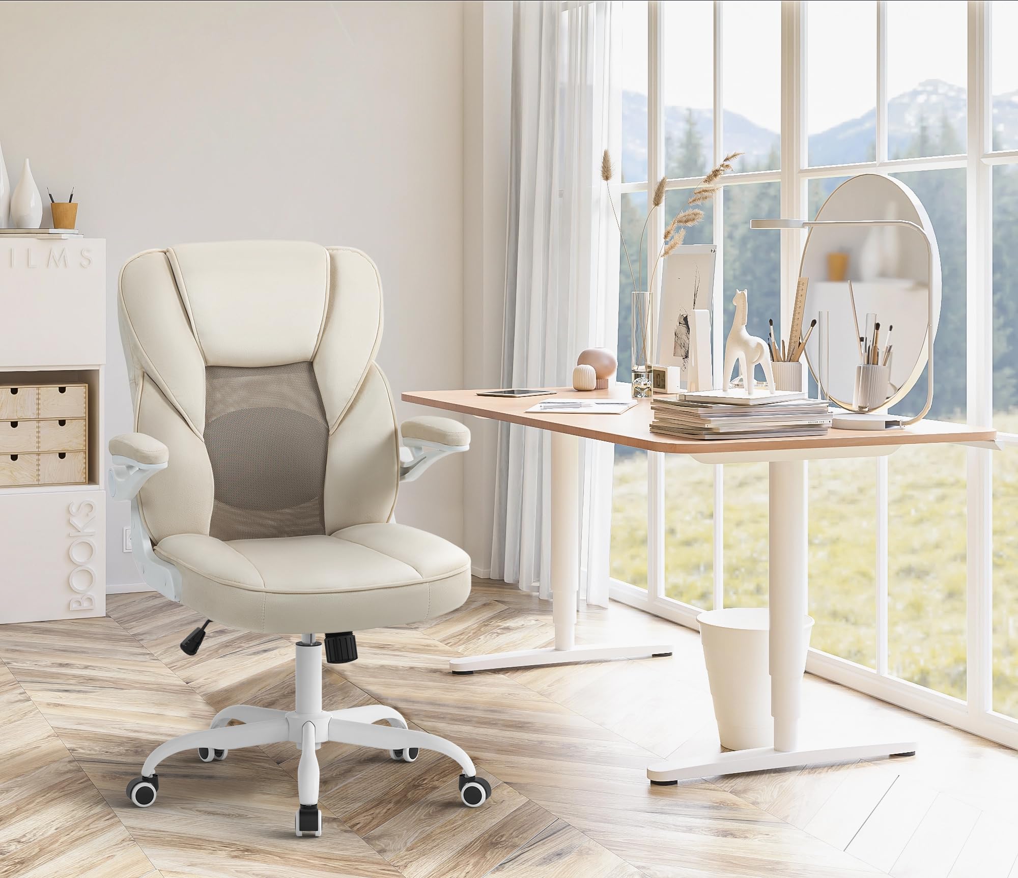 SEATZONE Beige Ergonomic Office Chair with Wheels - Mesh Back & Velvet Fabric Desk Chair for Teens & Adults - Perfect for Home Office, Study & Gaming