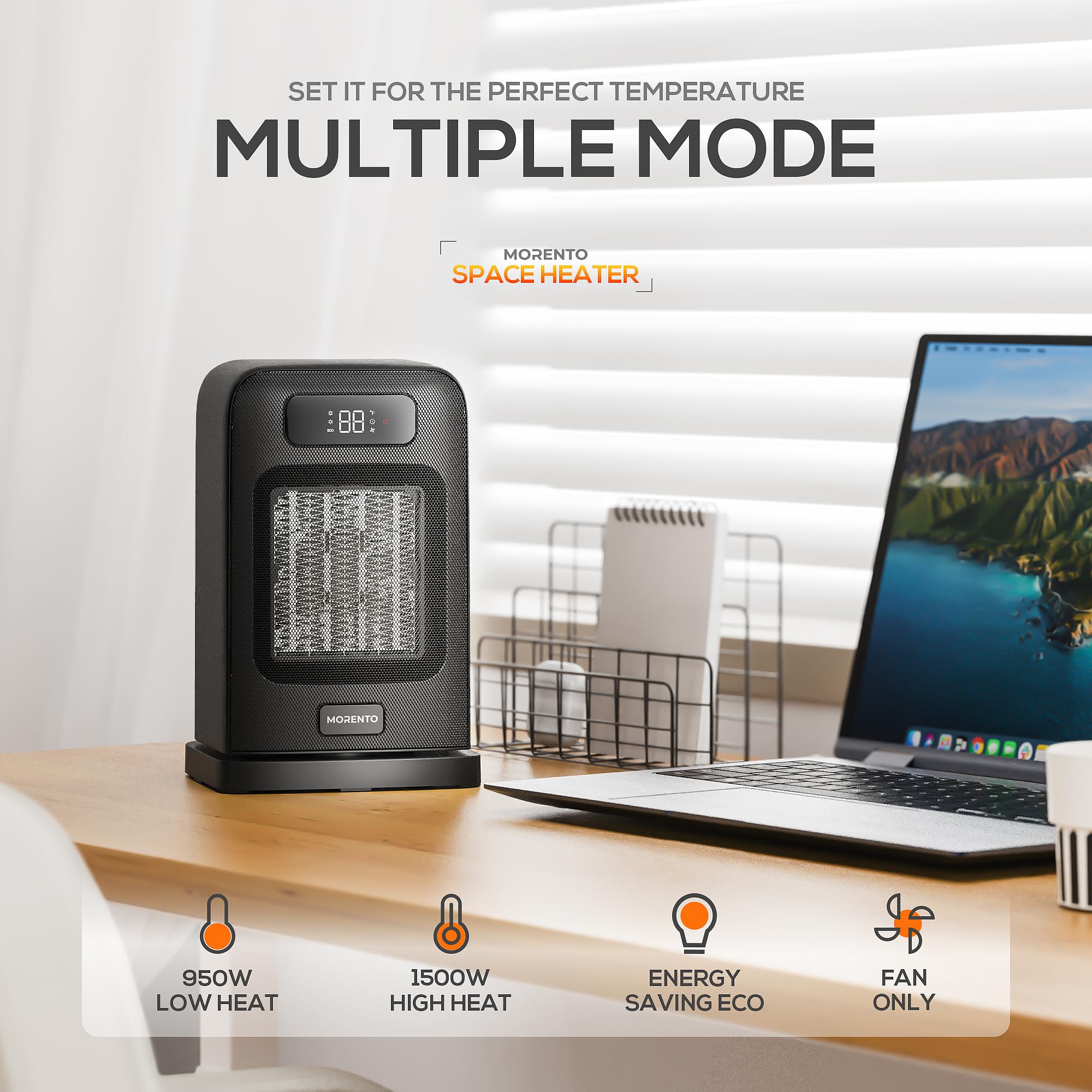 MORENTO 1500W Electric Space Heater with Thermostat - Portable Desk Heater for Indoor Use, 3 Heat Settings & Fan Mode, Compact Personal Heater for Office, Bedroom, Home (Black) - Perfect for Winter Warmth & Energy Efficient Heating