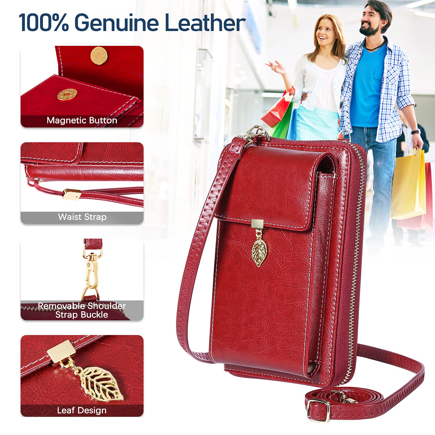 HUANLANG Women's Leather Crossbody Phone Bag - Small Cell Phone Purse Wallet for iPhone, Samsung - Perfect for Travel, Shopping, and Daily Use
