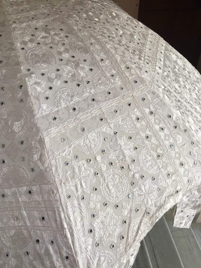 Handmade Bohemian Sun Umbrella with Indian Mirror Work Embroidery - Cotton Boho Wedding Parasol, Hippie Gypsy Decor for Beach, Garden & Outdoor Events (White) - Perfect for Weddings, Picnics and Poolside Relaxation