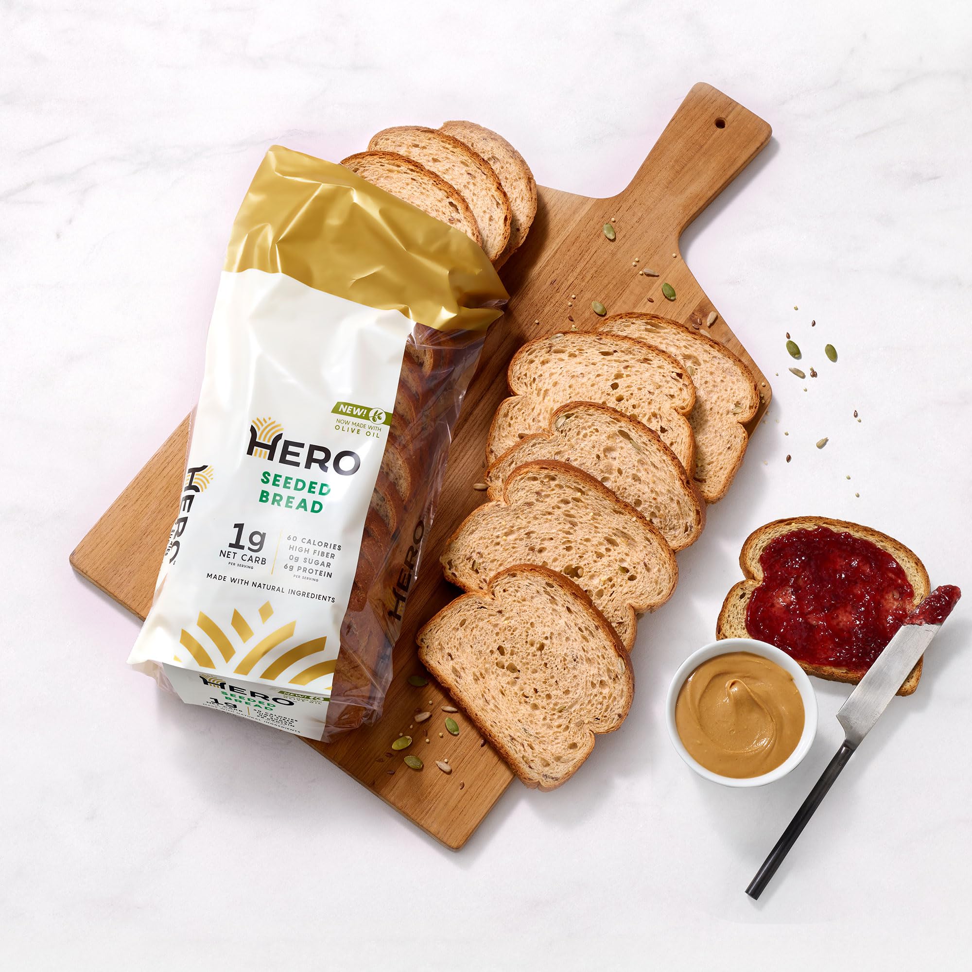 Hero Seeded Bread - Low Carb Keto Friendly Bread (1g Net Carb, 0g Sugar, 60 Calories, 12g Fiber per Slice) - 15 Slices per Loaf, Pack of 4 | Perfect for Sandwiches, Toast & Healthy Breakfasts
