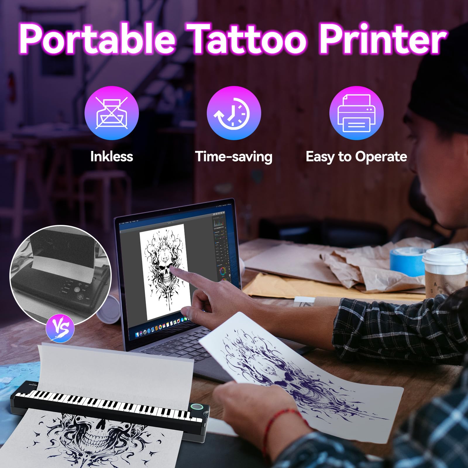Pino Wireless Tattoo Stencil Printer - Portable Thermal Transfer Machine for Professional & Beginner Tattoo Artists | Compatible with Smartphone, Tablet & PC | Perfect for Tattoo Studio, Home Practice & On-the-Go Designs