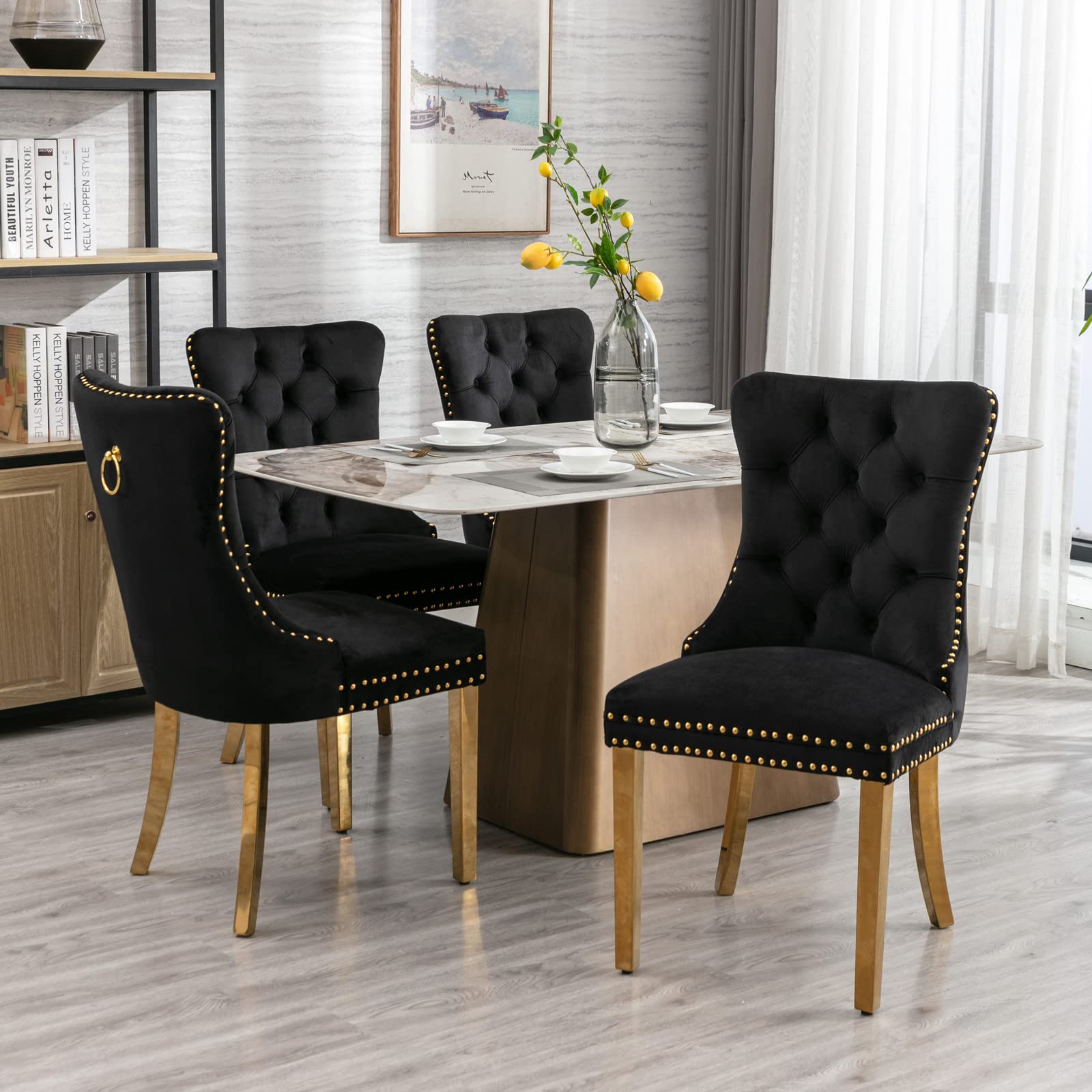 Luxury Velvet Dining Chairs Set of 2 - Gold Metal Legs & Nailhead Trim Accent Chairs for Kitchen, Office - 20