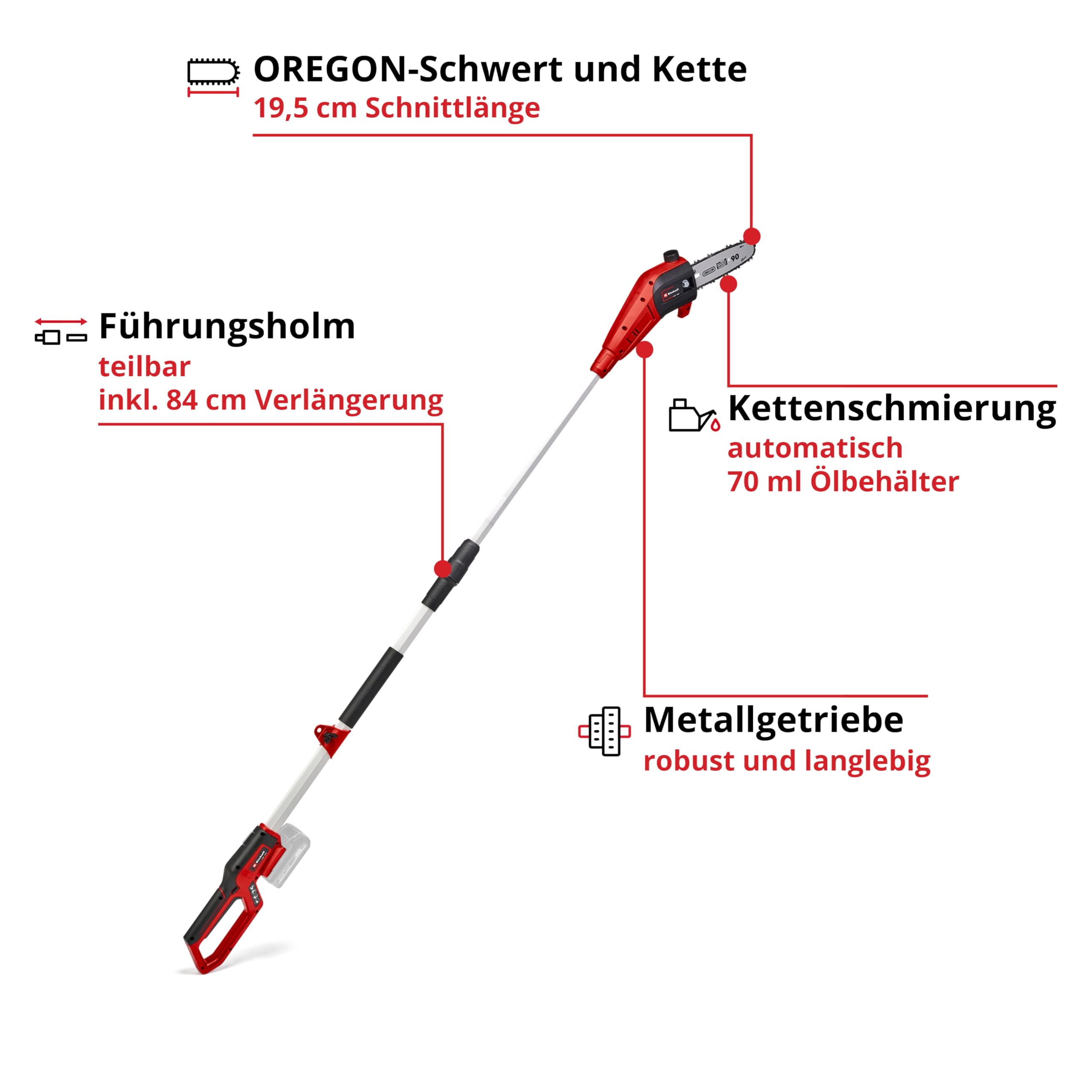 Einhell GC-LC 18/20 Li T-Solo Cordless Pole Chainsaw - 18V Lithium-Ion Battery (Not Included), 20cm Bar Length, 30° Tiltable Motor Head, Extension Pole, Metal Gear - Perfect for Tree Trimming, Pruning & Yard Maintenance