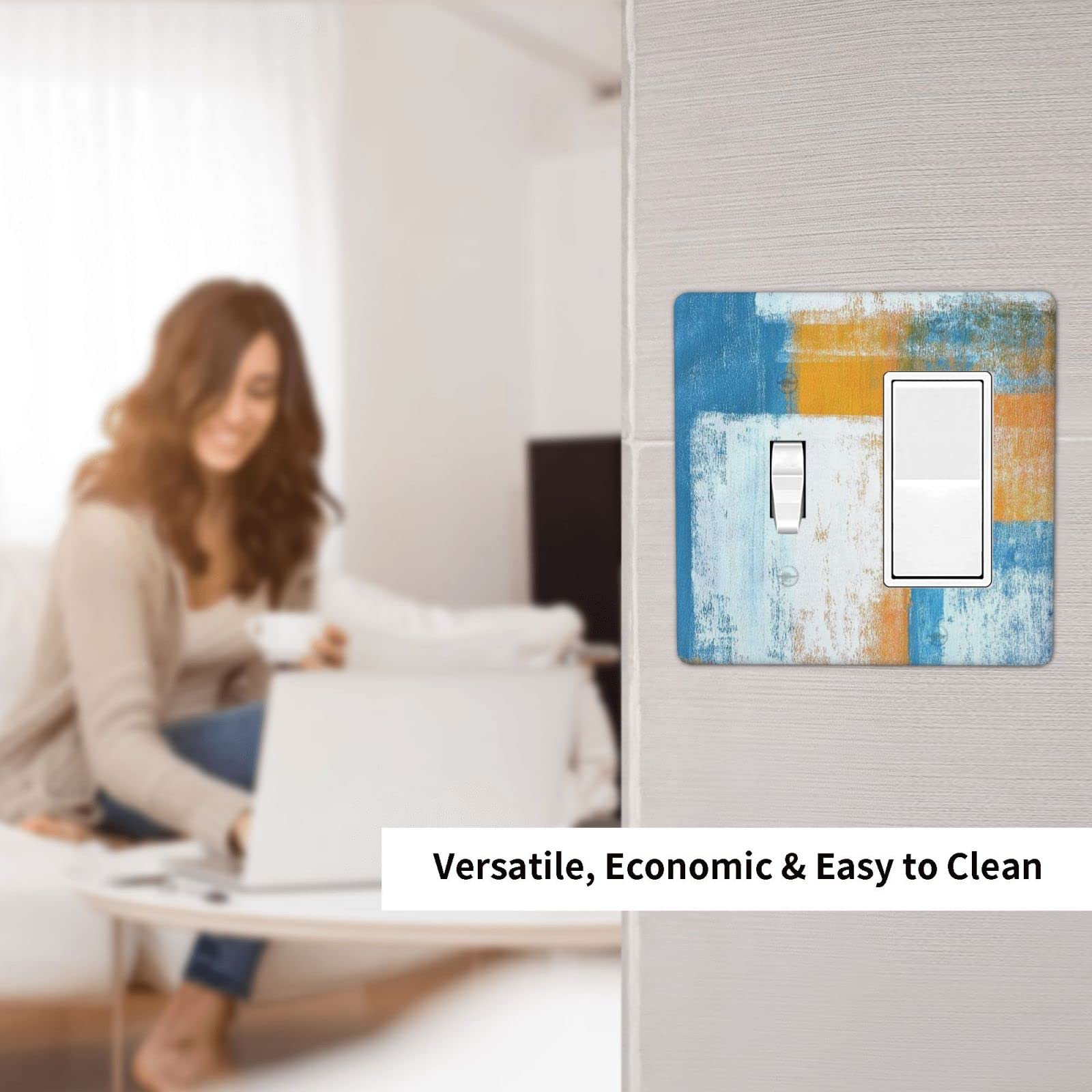 Abstract Orange Blue White 2 Gang Outlet Cover - Decorative Light Switch Plate for Living Room, Bedroom - 4.5
