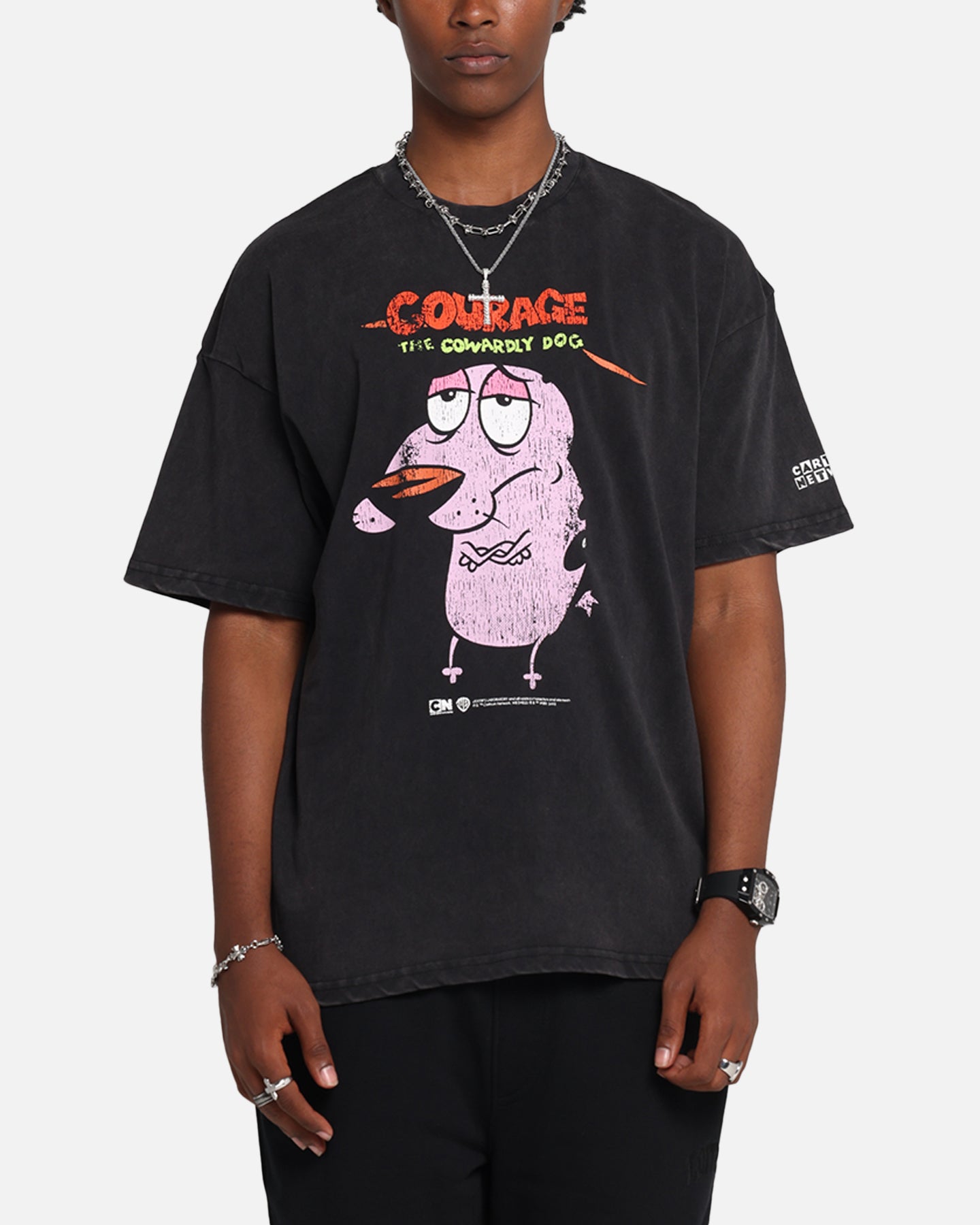 Vintage Courage The Cowardly Dog T-Shirt - Black Acid Wash Graphic Tee | Cartoon Network 73 Studio X Grail Collection | Perfect for Cosplay, Anime Conventions & 90s Nostalgia Fashion