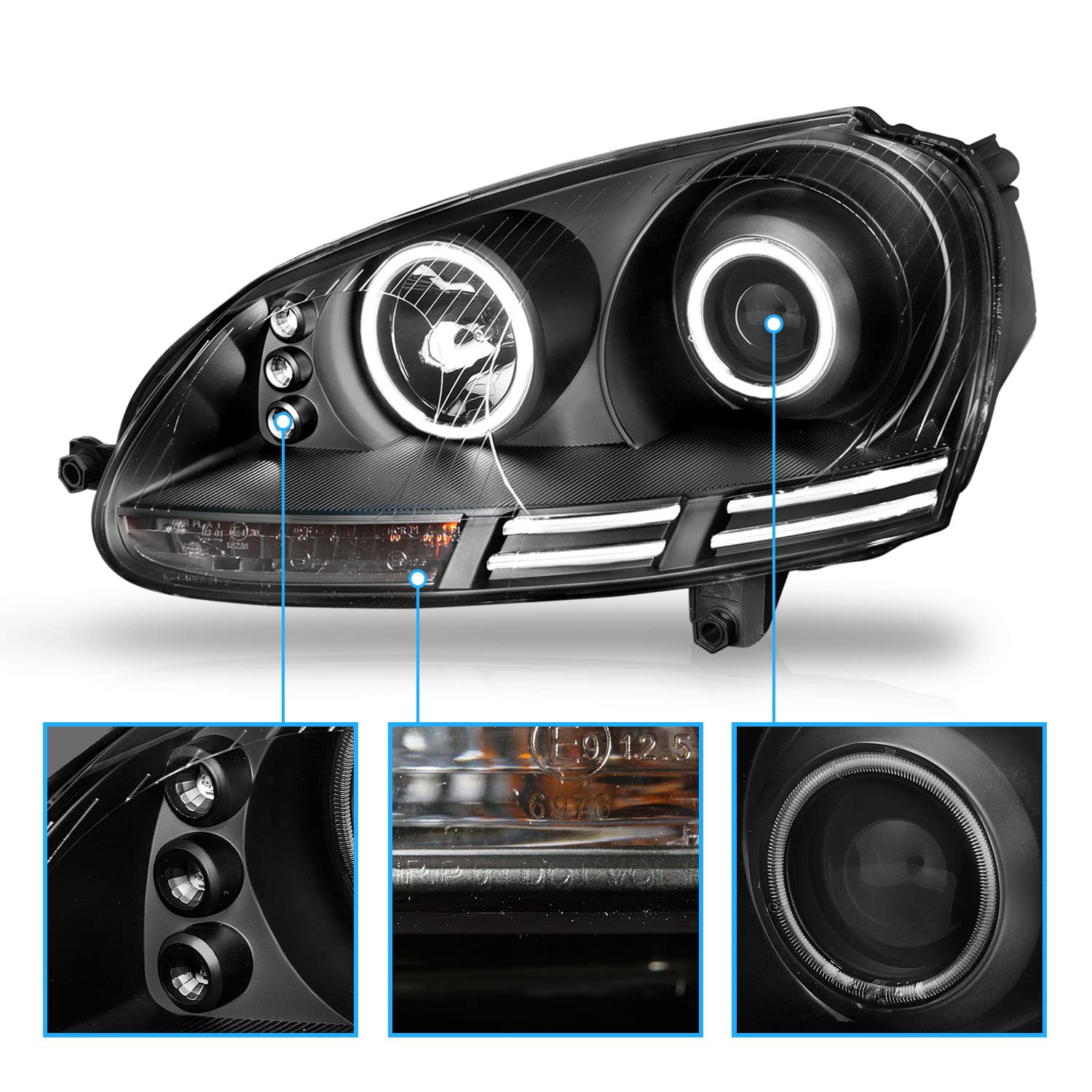 AmeriLite CCFL Halo Black Headlights for Volkswagen Rabbit (Golf) / Jetta Gen5 / Wagon - Left & Right Side Replacement - Perfect for Night Driving & Car Customization
