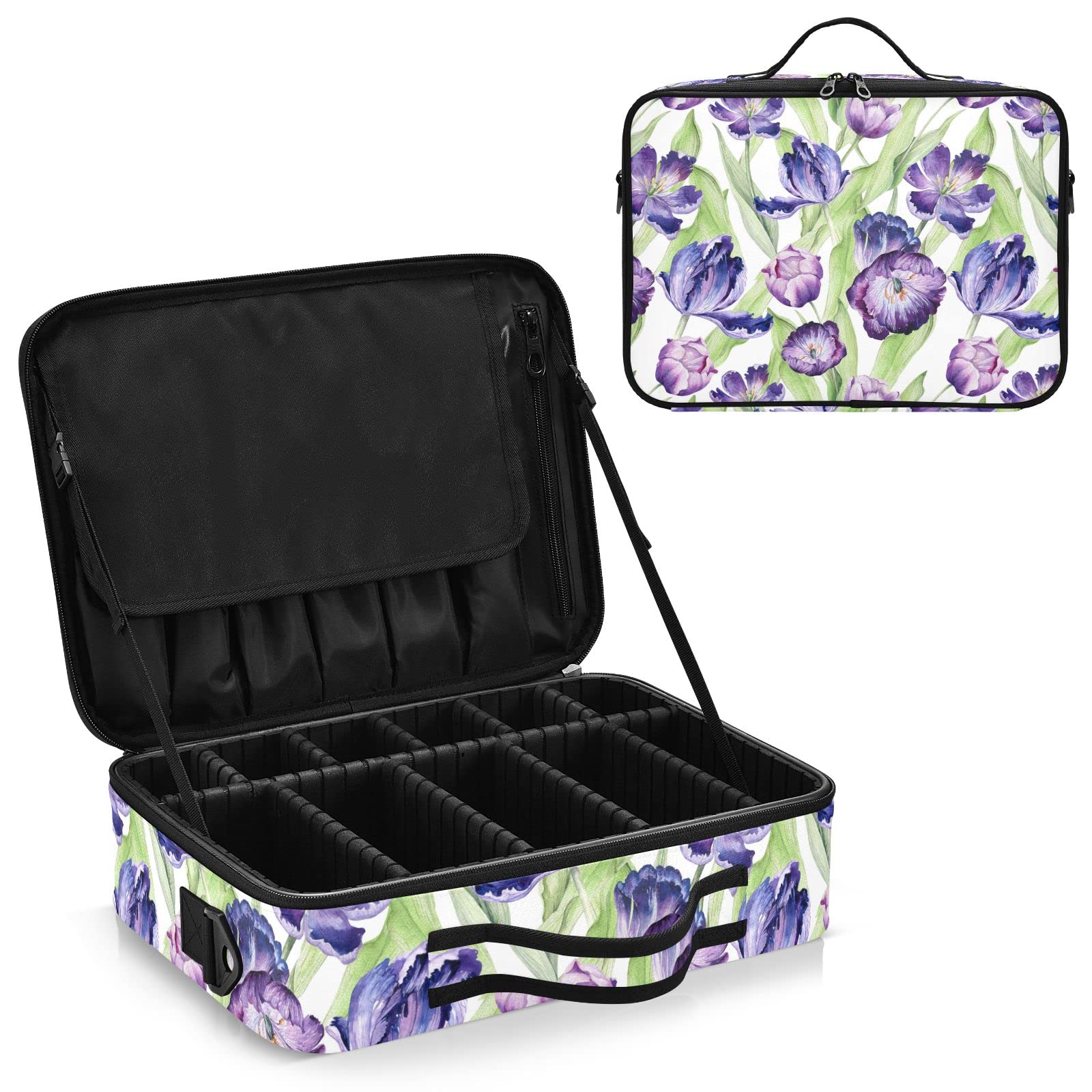 Purple Flowers Travel Makeup Bag for Women - Portable Cosmetic Organizer for Travel & Artists