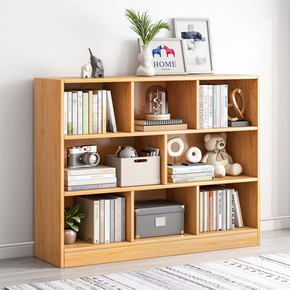 IOTXY 3-Tier Open Shelf Bookcase - Wooden Floor Standing Display Cabinet with 8 Cubes, Short Horizontal Bookshelf Organizer in Pear Yellow for Living Room, Bedroom, or Office Storage