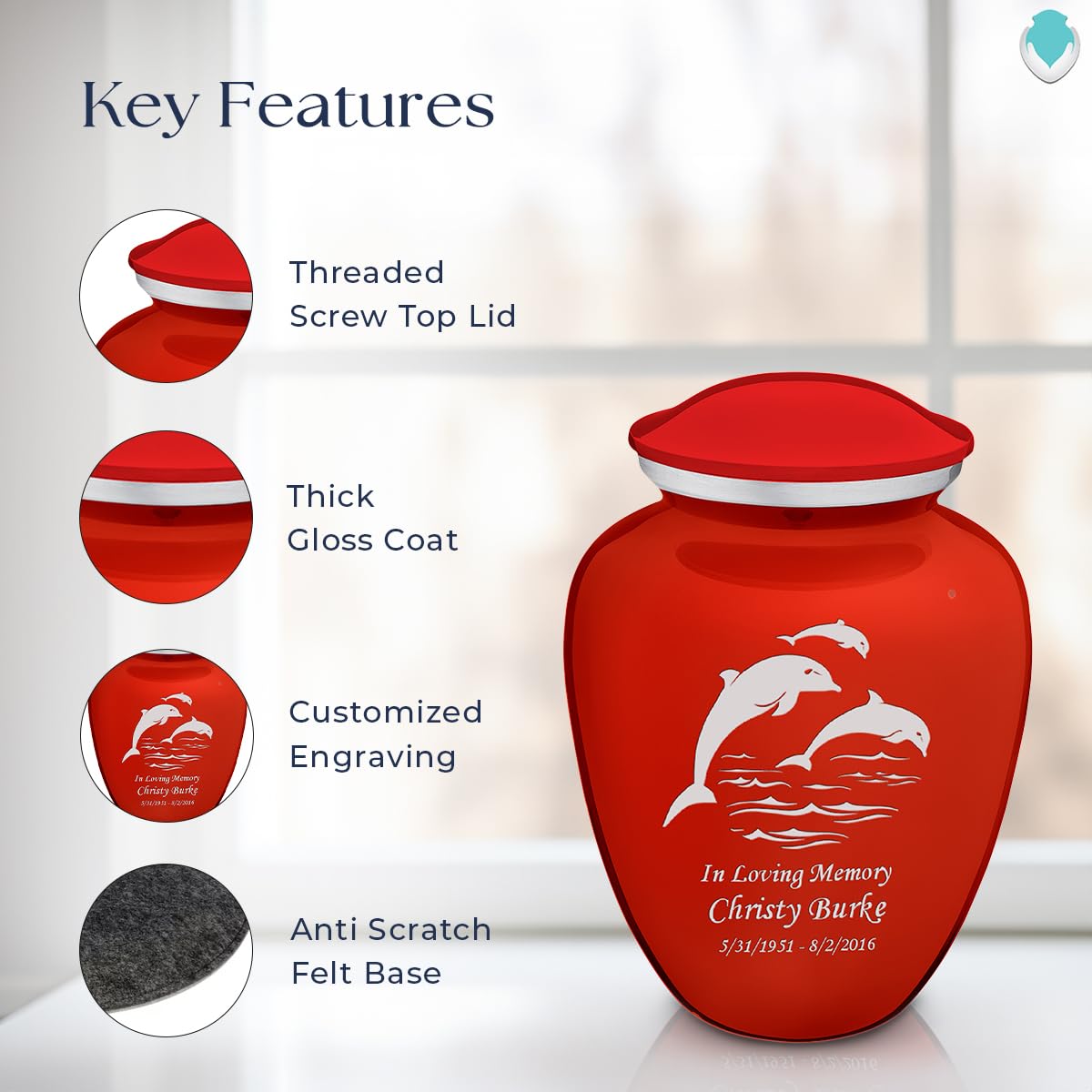 Personalized Dolphin Cremation Urns for Ashes - Large Bright Red Funeral Urn for Adults with Double-Side Engraving (Holds 200 lbs) - Memorial Keepsake for Loved Ones | Perfect for Home Display, Funeral Services & Memorial Ceremonies