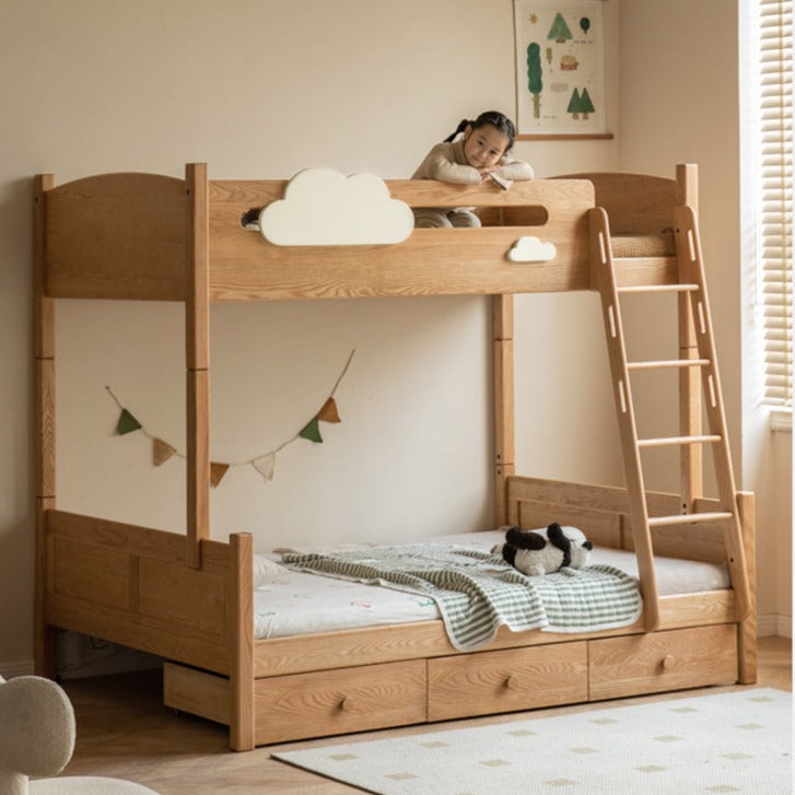 Solid Oak Wood Multi-Functional Bunk Bed with Ladder & Guardrails - Space-Saving Kids Bedroom Furniture for Siblings or Sleepovers