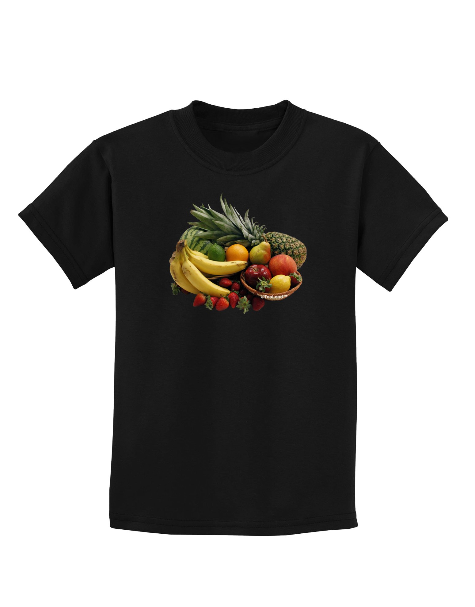 TOOLOUD Kids Dark T-Shirt with Fruit Basket Still Life Design - Comfortable Cotton Tee for Boys & Girls - Perfect for School, Playdates and Family Outings