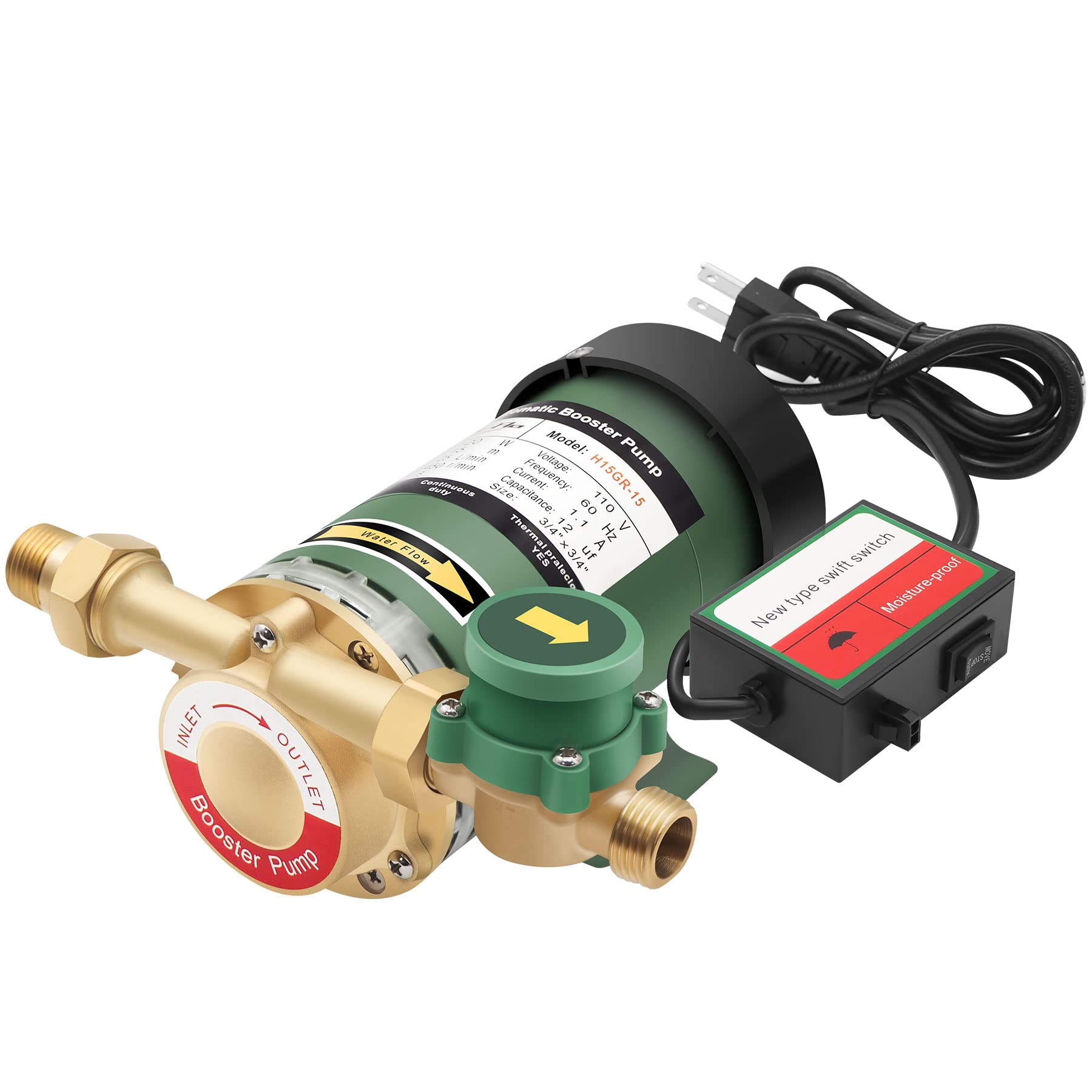 120W High-Pressure Water Booster Pump 115VAC, 396 GPH, 21.7 PSI - Automatic Household Water Pressure Booster with Flow Switch for Kitchen, Bathroom, Shower & Garden Irrigation (H15GR-15) - Perfect for Low Water Pressure Homes & Apartments