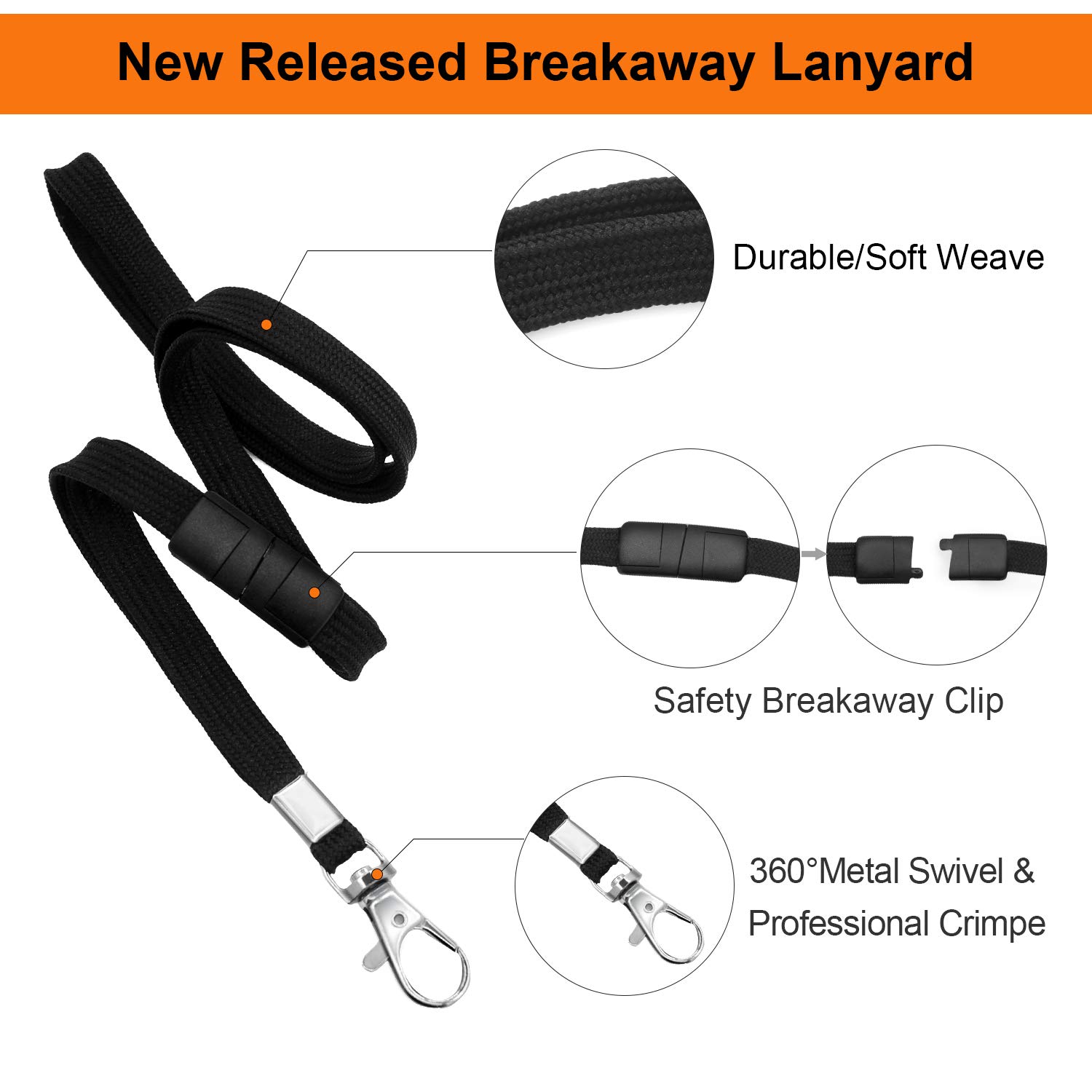 Breakaway Lanyard for ID Badge - Black Comfortable Neck Strap for Work & Events
