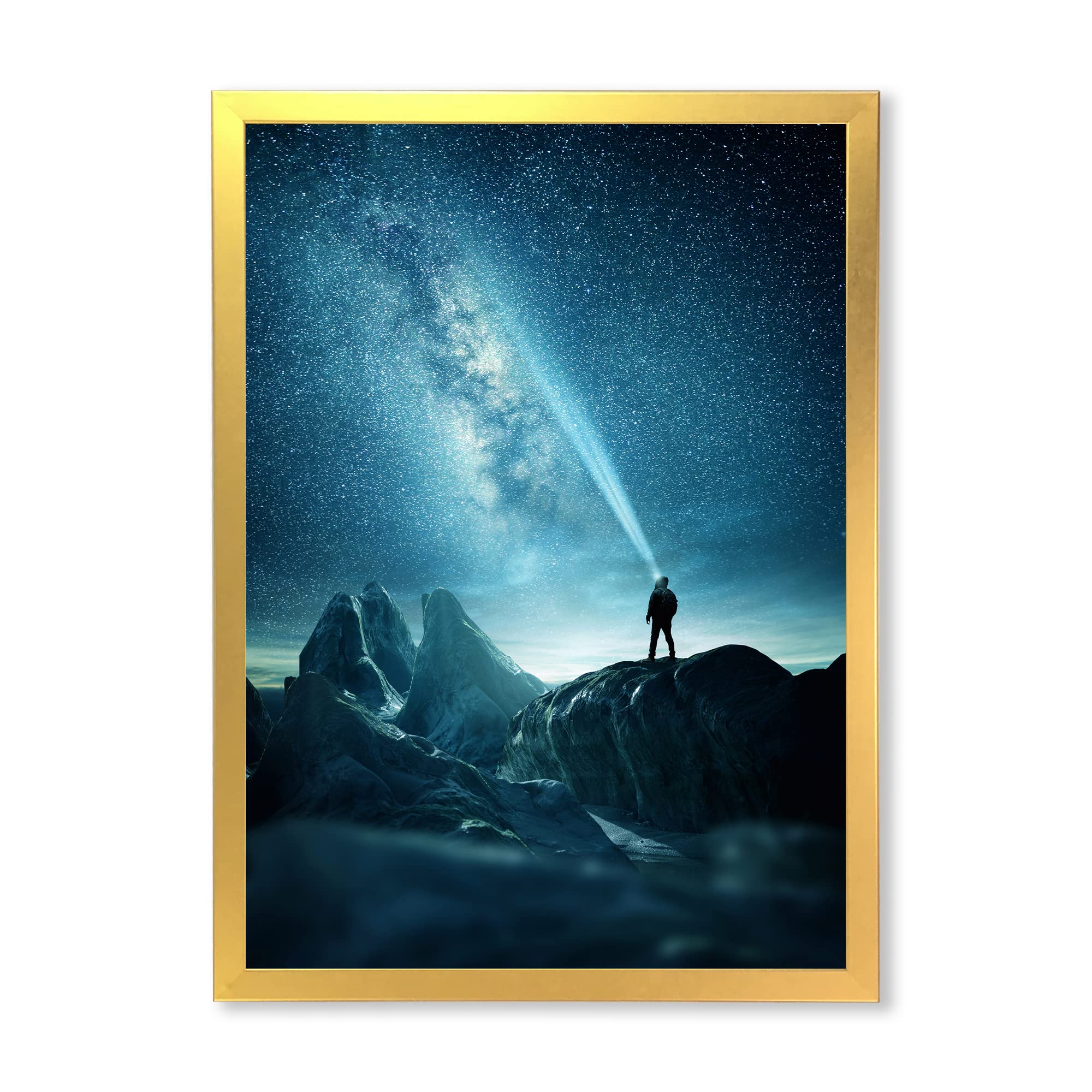 DesignQ Modern Framed Wall Art - Stunning Night Sky with Man Shining Light - Perfect for Living Room, Bedroom & Office Decor