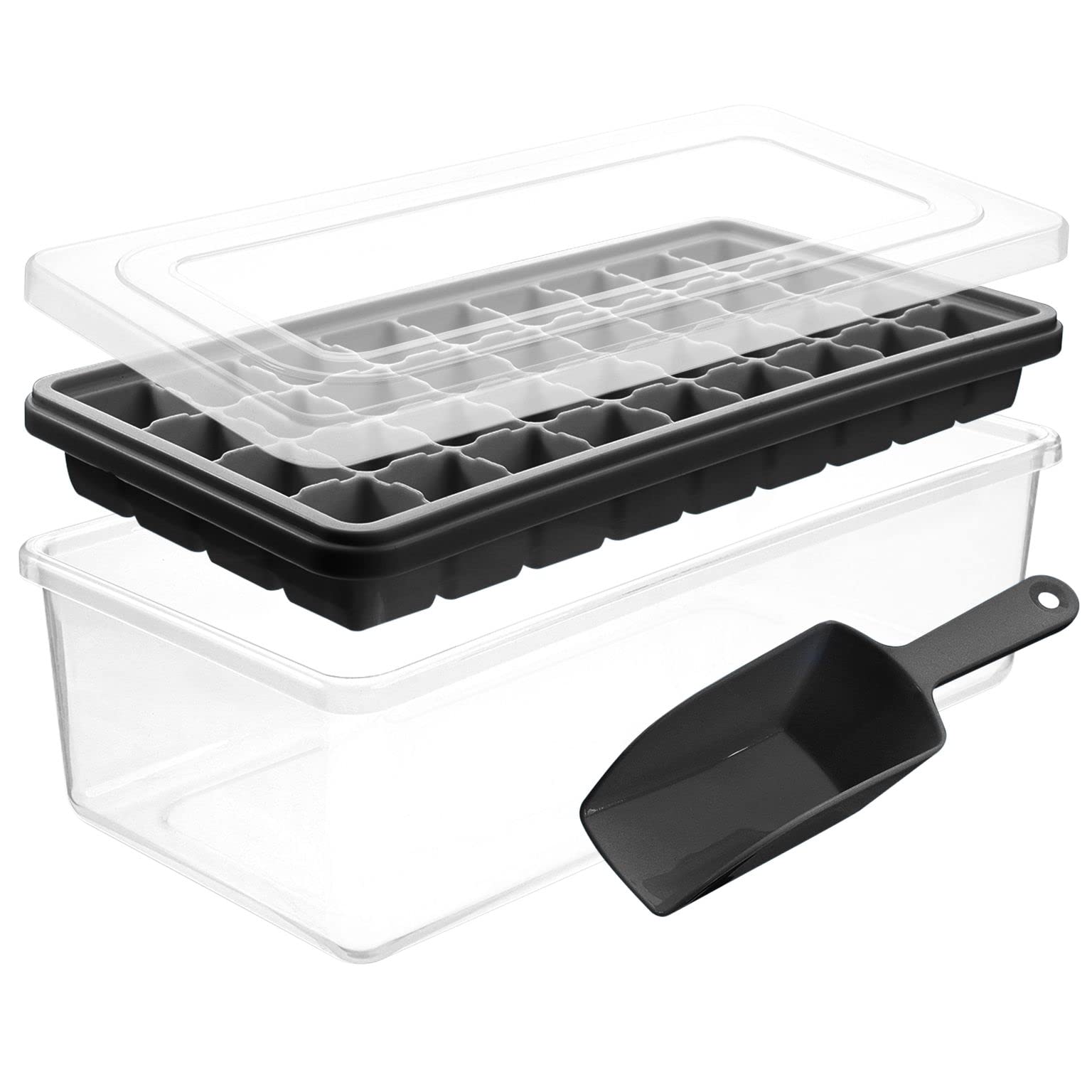 BPA Free Silicone Ice Cube Tray With Lid, Container & Scoop - Stackable 36 Nugget Ice Tray for Freezer - Easy Release Large Ice Mold Maker for Cocktails, Whisky & Beverages - Perfect for Home Bars, Parties & Summer Drinks