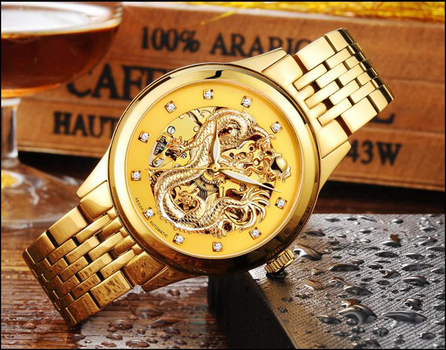 MASTOP Men's Luxury Automatic Mechanical Watch - Dragon Collection with Carved Skeleton Dial, Waterproof, Gold Stainless Steel | Perfect for Business, Formal Events & Gift Giving