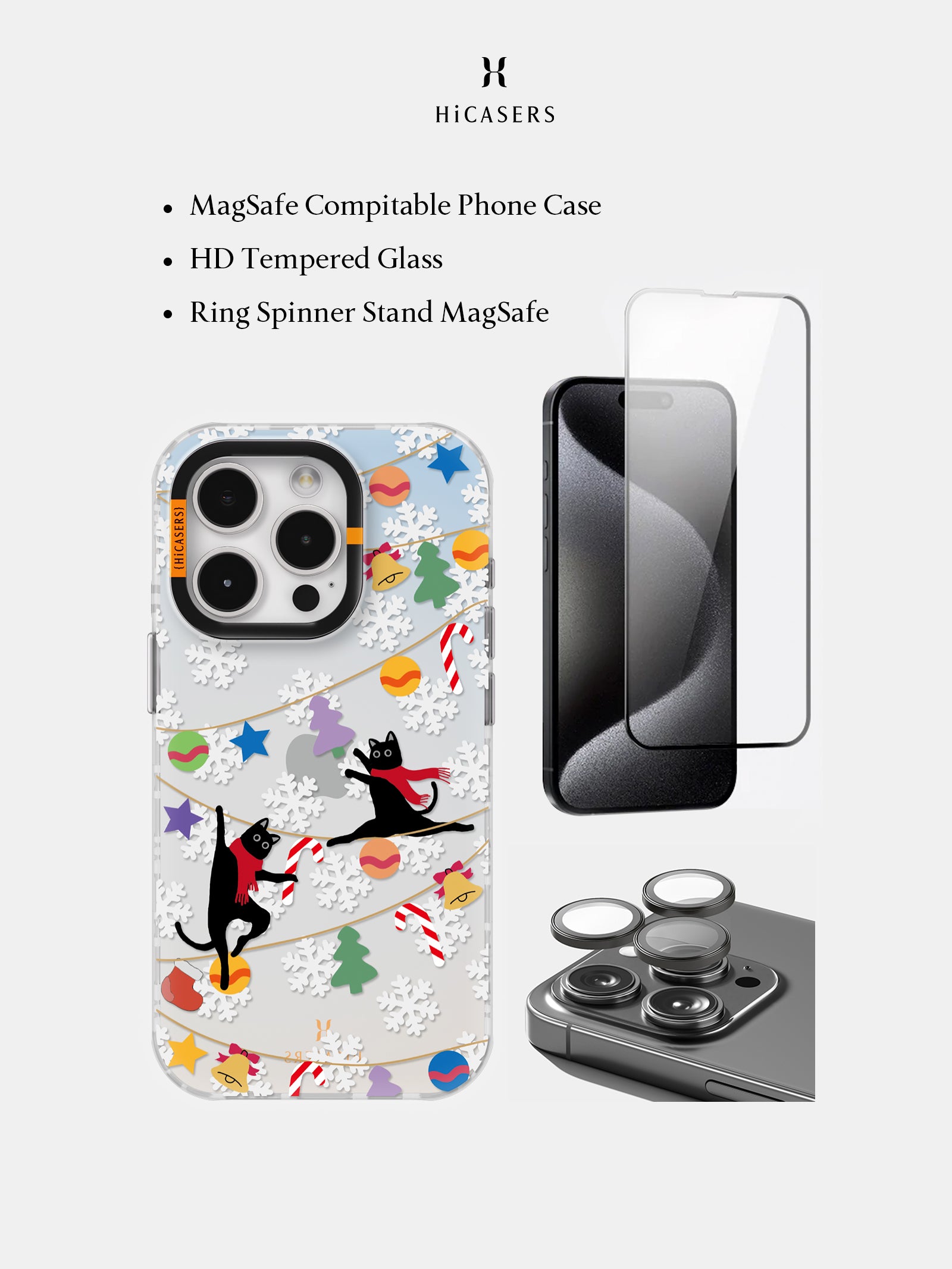 Christmas Tree Ornaments & Black Cat Iridescent Phone Case - White | Holiday Decor & Festive Gift for Cat Lovers