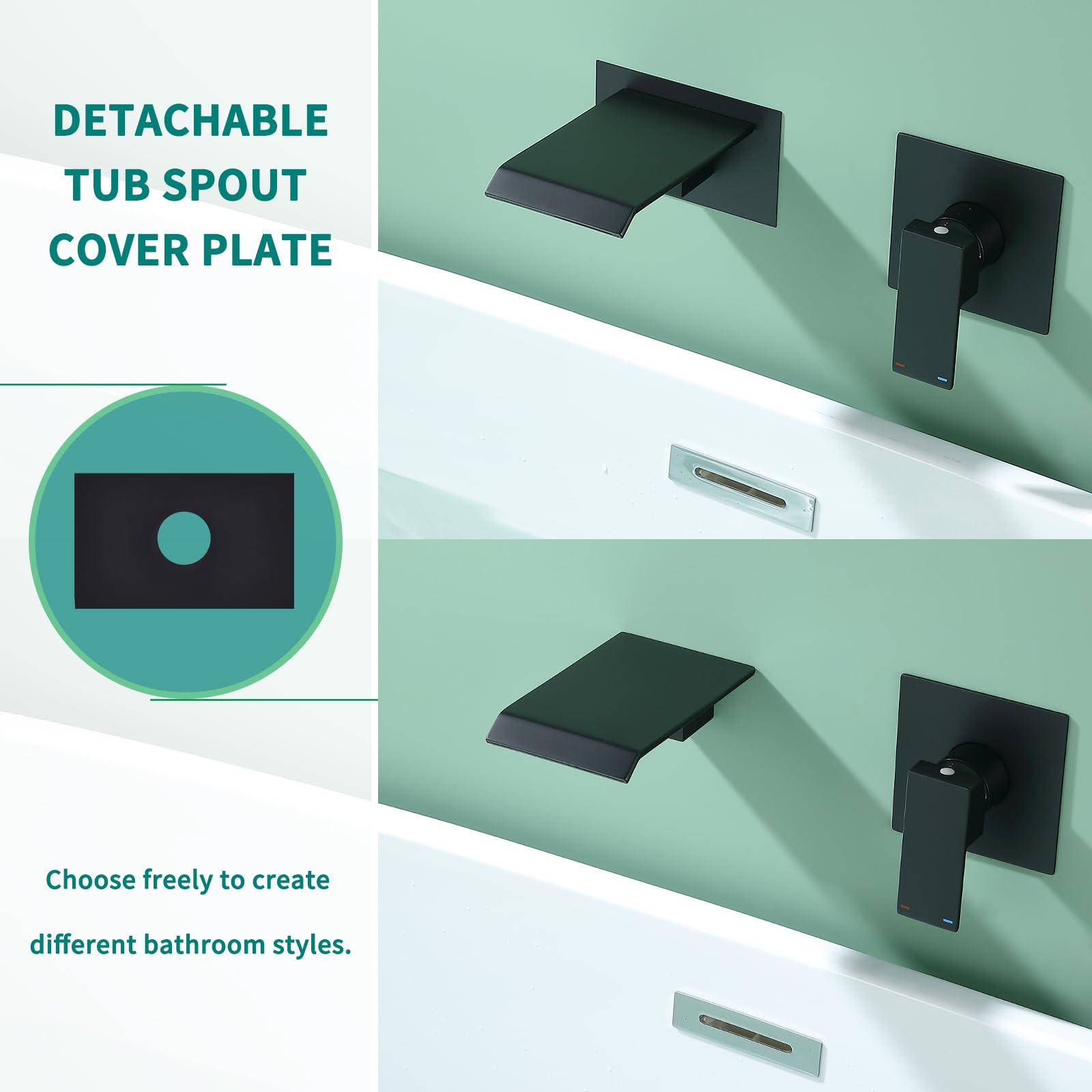 Wall Mount Bathtub Faucet - Matte Black Stainless Steel & Brass Waterfall Tub Filler Set with Single Handle (Spout, Handle, Rough-in Valve Included) - Perfect for Modern Bathroom, Spa, and Luxury Home Renovation