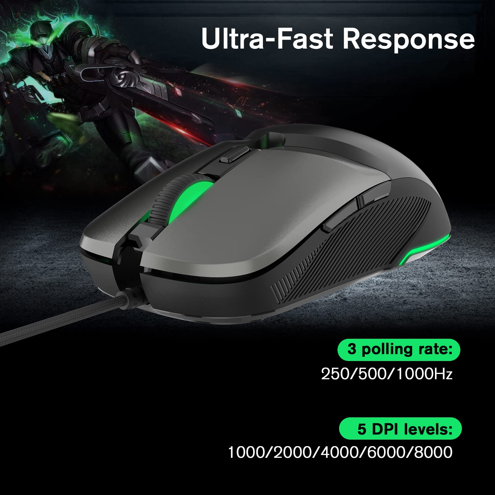 RaceGT Wired Gaming Mouse - High Precision 8000 DPI Adjustable USB Optical Mouse with RGB Backlit, Ergonomic Design for PC, Mac, Laptop - Perfect for FPS, MOBA Gaming & Office Work