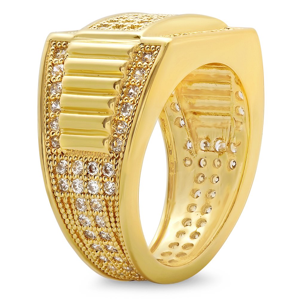 14K Gold Plated Hip Hop Iced Out CZ Stacked Bling Ring for Men & Women - 14.5mm Wide Luxury Jewelry for Parties, Concerts & Special Occasions