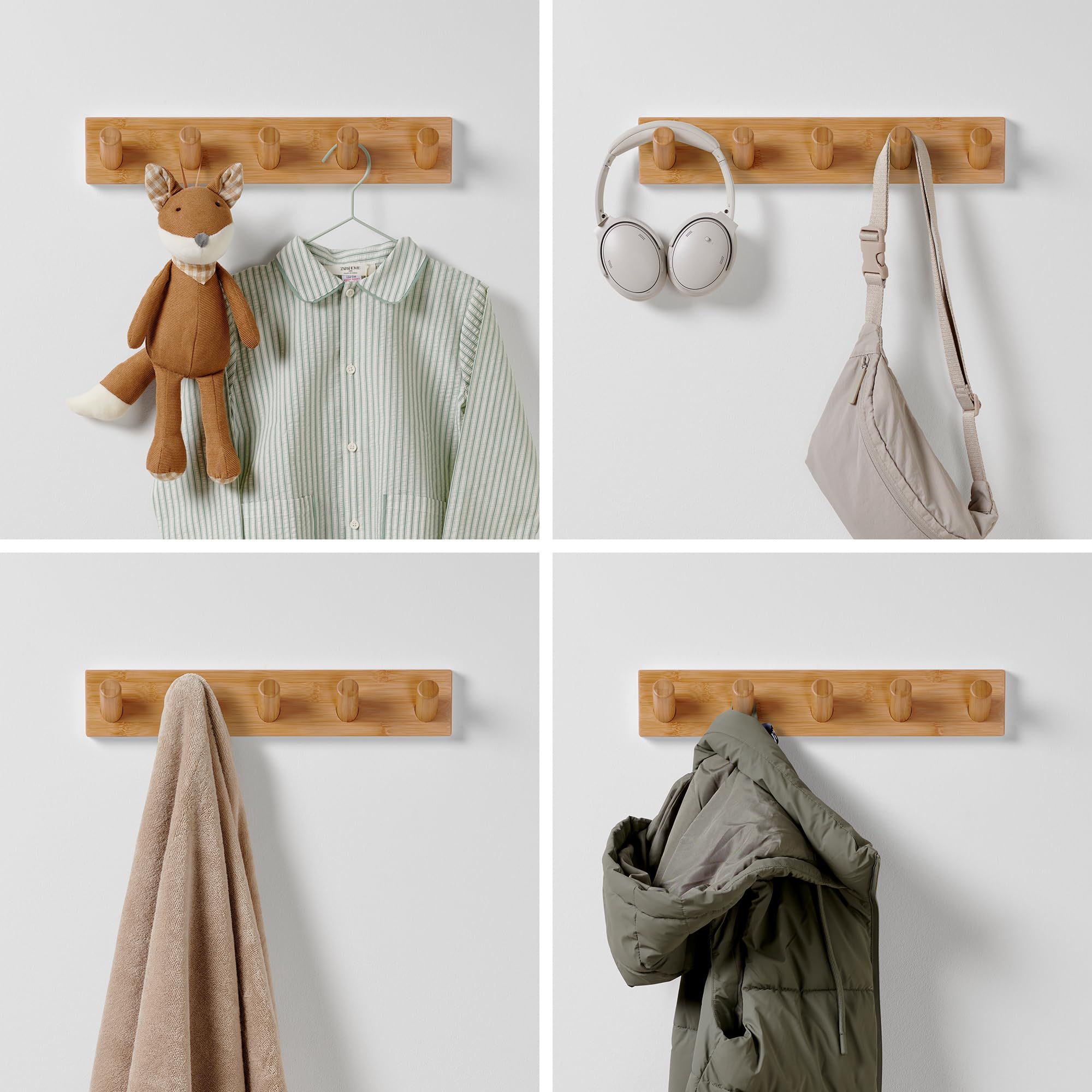 Modern Wooden Wall Coat Rack with 5 Hooks (2-Pack) - Scandinavian Home Decor for Entryway & Bedroom