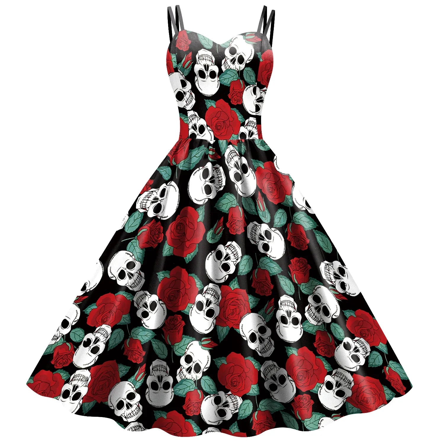 Gothic Skeleton Halloween Dress for Women - Elegant Black Rockabilly Costume for Halloween Parties, Carnival, Cosplay & Horror Themed Events