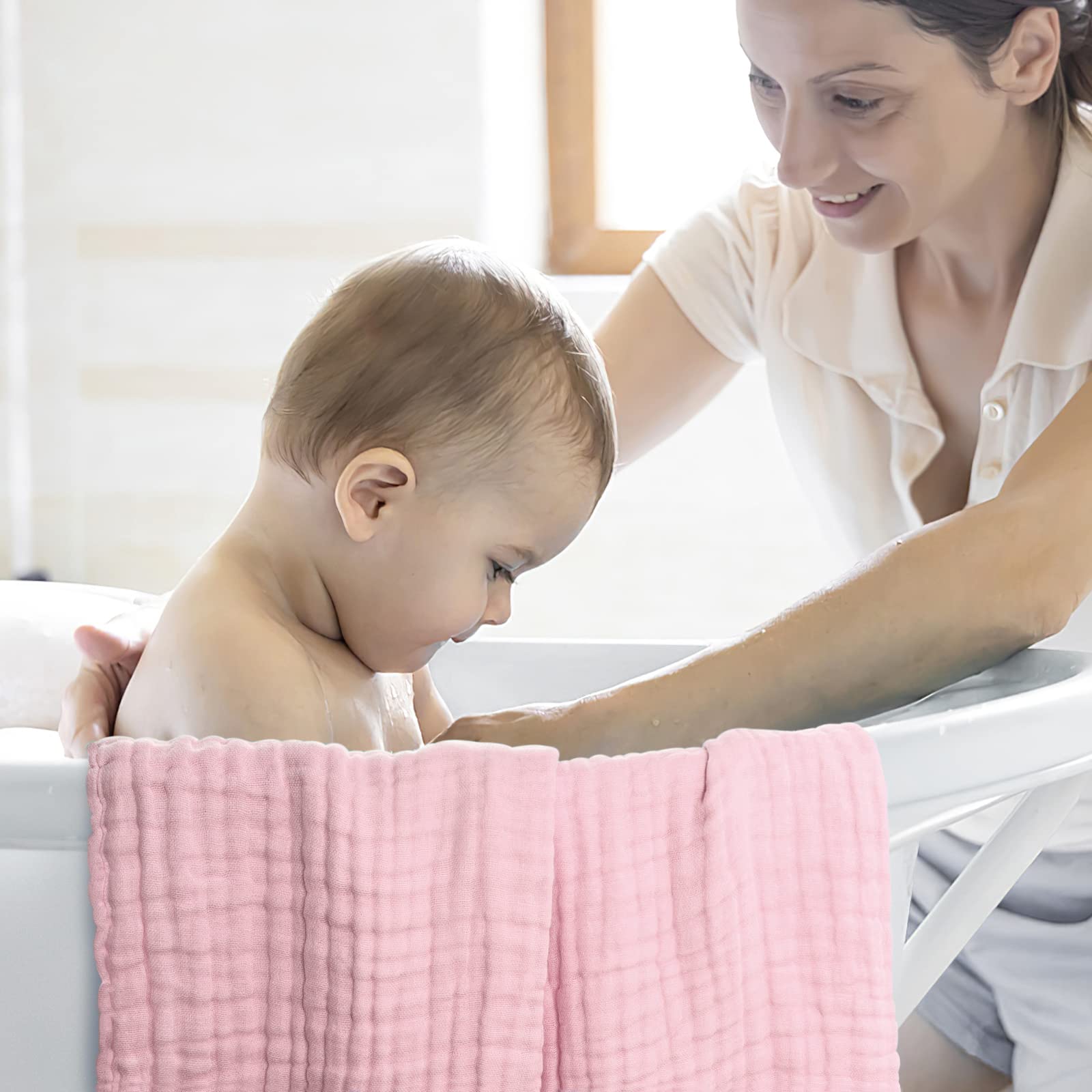 WinReal 3-Pack Muslin Baby Bath Towels - Ultra Soft, Absorbent 6-Layer Natural Cotton Infant Towels (40x40 inches) for Newborn, Toddler - White, Pink & Grey - Perfect for Bath Time, Swaddling & Nursery Essentials